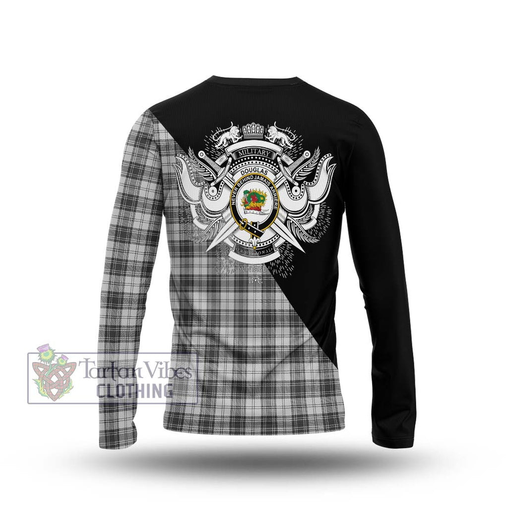 Douglas Grey Modern Tartan Long Sleeve T-Shirt with Family Crest and Military Logo Style - Tartanvibesclothing Shop