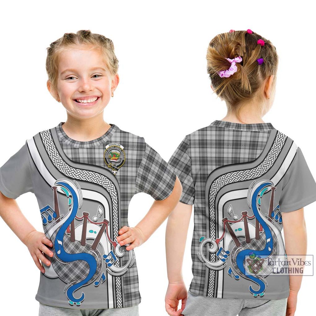 Tartan Vibes Clothing Douglas Grey Modern Tartan Kid T-Shirt with Epic Bagpipe Style