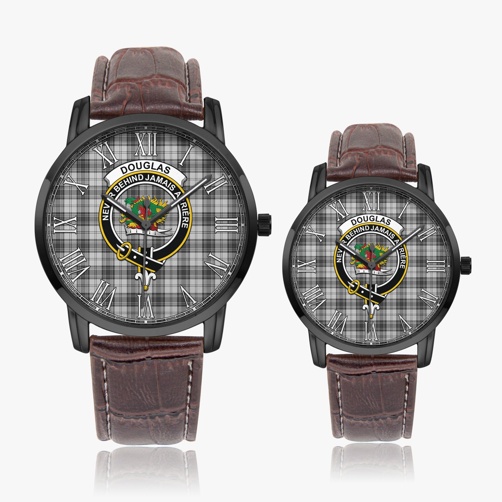 Douglas Grey Modern Tartan Family Crest Leather Strap Quartz Watch - Tartanvibesclothing