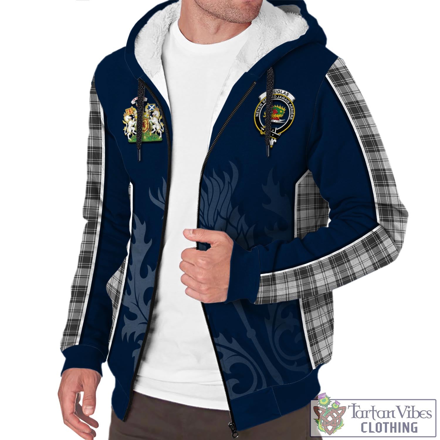 Tartan Vibes Clothing Douglas Grey Modern Tartan Sherpa Hoodie with Family Crest and Scottish Thistle Vibes Sport Style