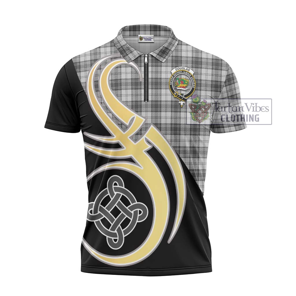 Tartan Vibes Clothing Douglas Grey Modern Tartan Zipper Polo Shirt with Family Crest and Celtic Symbol Style