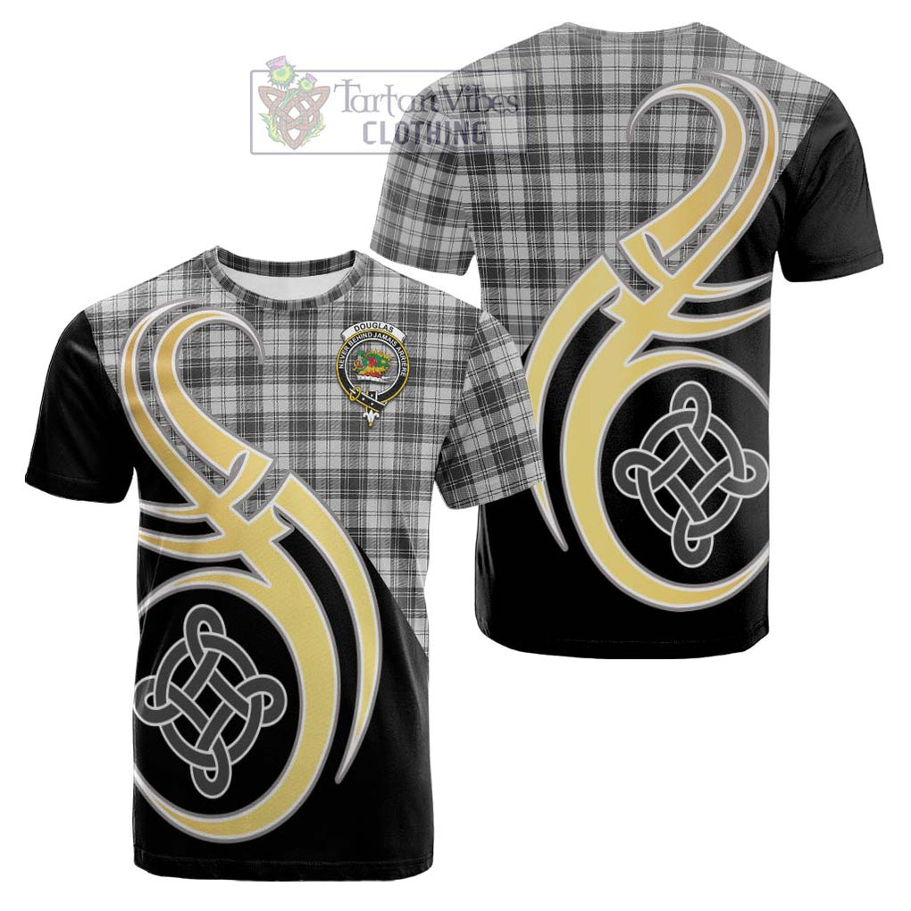 Tartan Vibes Clothing Douglas Grey Modern Tartan Cotton T-shirt with Family Crest and Celtic Symbol Style