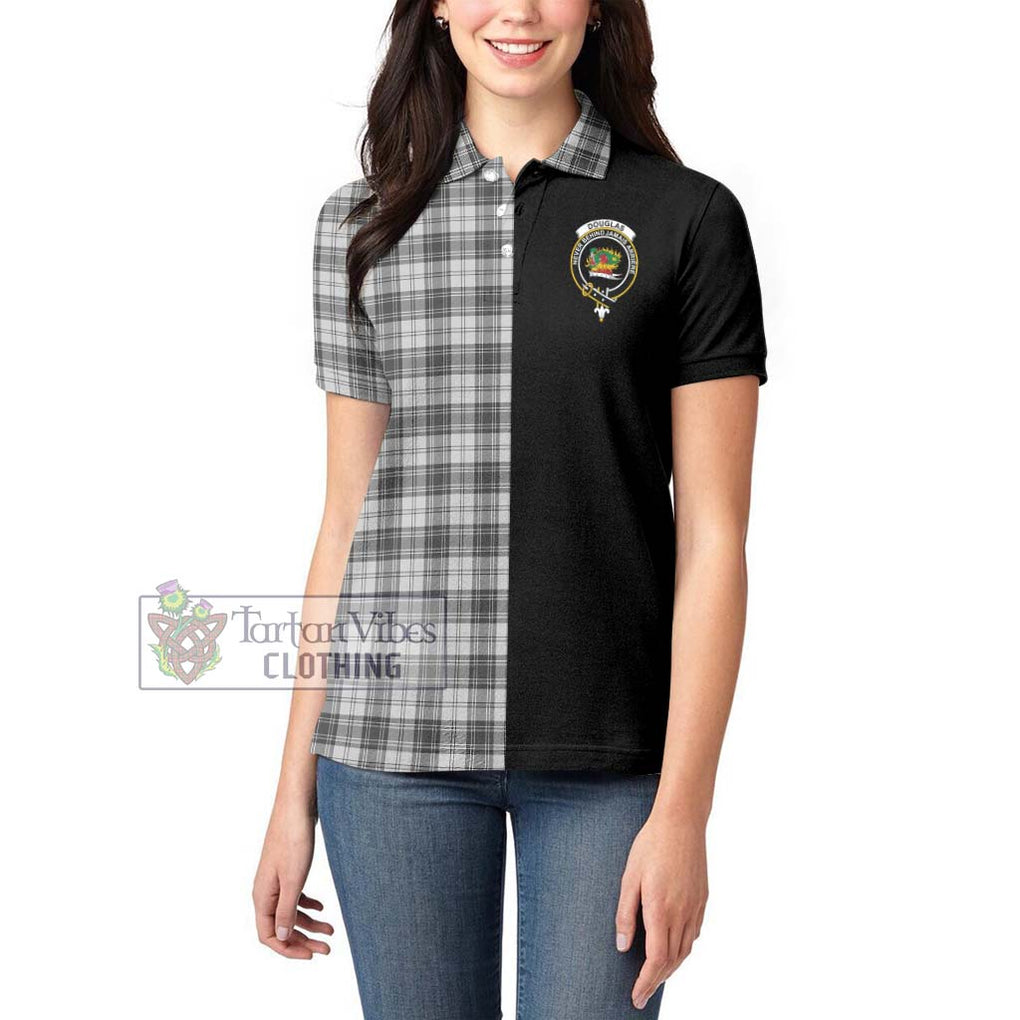 Douglas Grey Modern Tartan Women's Polo Shirt with Family Crest and Half Of Me Style - Tartanvibesclothing Shop