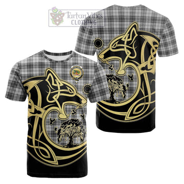 Douglas Grey Modern Tartan Cotton T-shirt with Family Crest Celtic Wolf Style