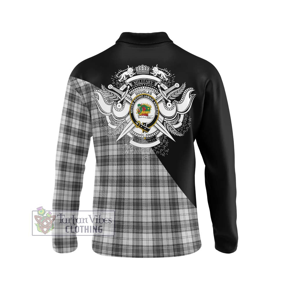 Douglas Grey Modern Tartan Long Sleeve Polo Shirt with Family Crest and Military Logo Style - Tartanvibesclothing Shop