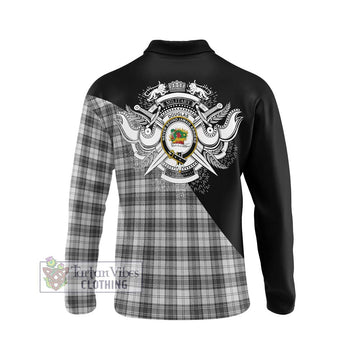 Douglas Grey Modern Tartan Long Sleeve Polo Shirt with Family Crest and Military Logo Style