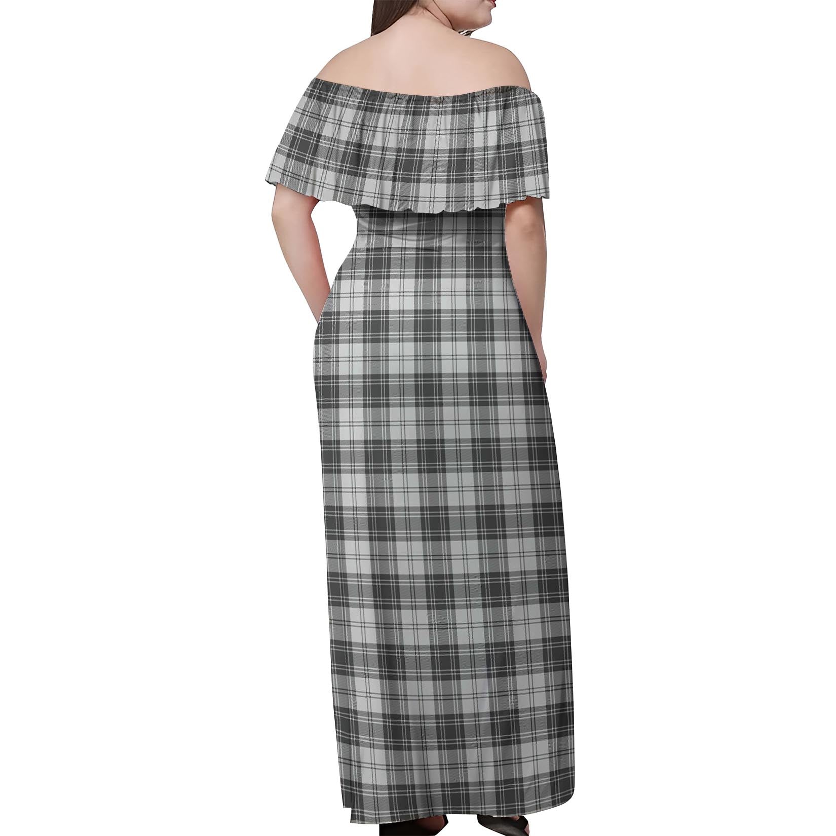 Douglas Grey Modern Tartan Off Shoulder Long Dress - Tartanvibesclothing