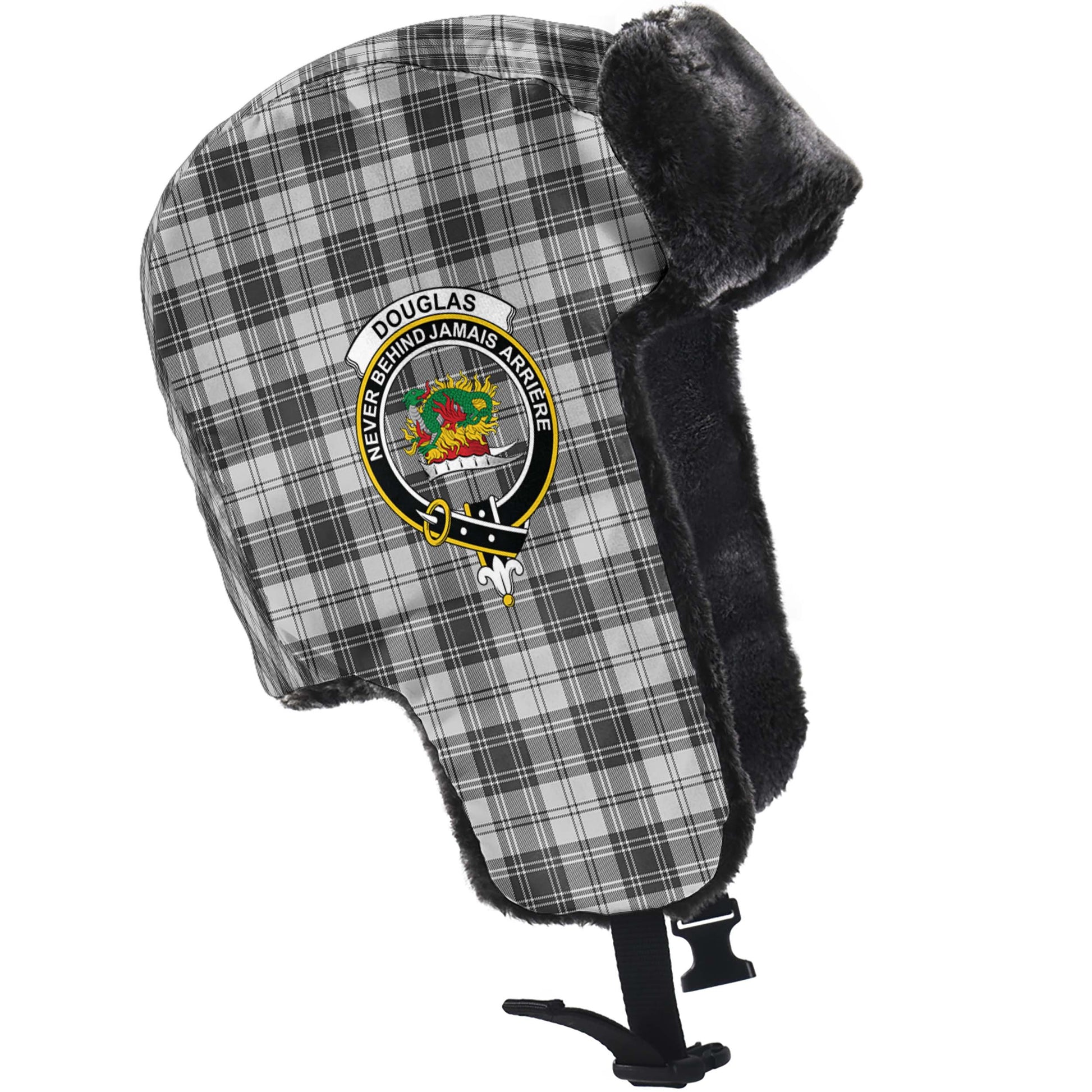 Douglas Grey Modern Tartan Winter Trapper Hat with Family Crest - Tartanvibesclothing