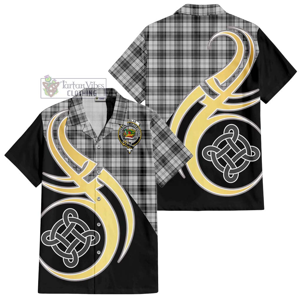 Douglas Grey Modern Tartan Short Sleeve Button Shirt with Family Crest and Celtic Symbol Style - Tartan Vibes Clothing