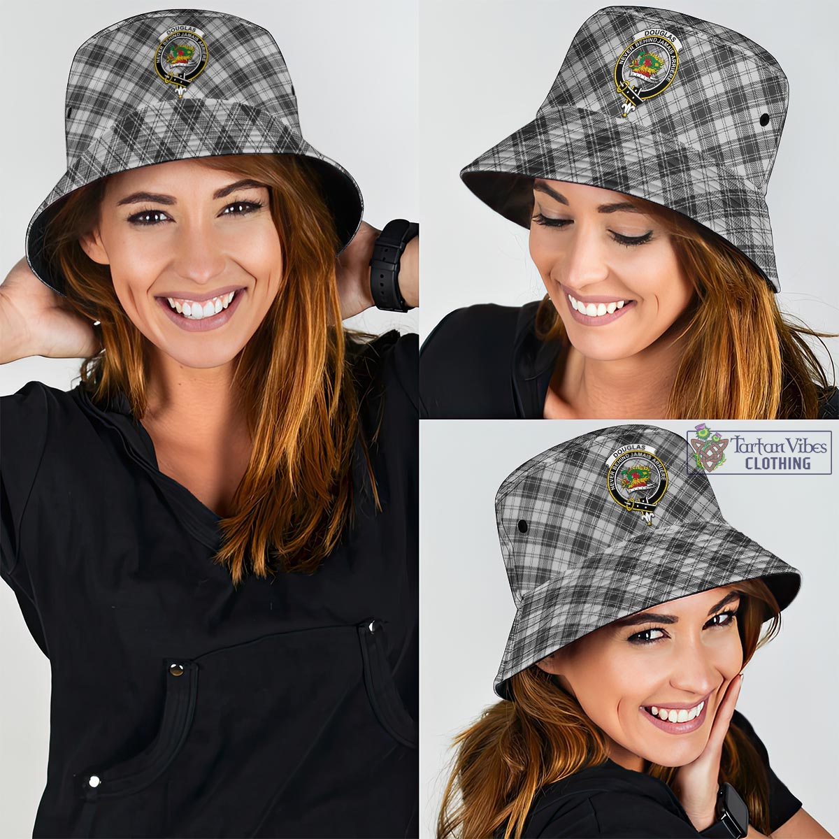 Tartan Vibes Clothing Douglas Grey Modern Tartan Bucket Hat with Family Crest