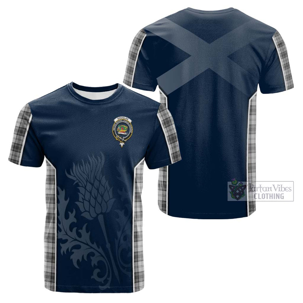 Tartan Vibes Clothing Douglas Grey Modern Tartan Cotton T-shirt with Family Crest and Scottish Thistle Vibes Sport Style