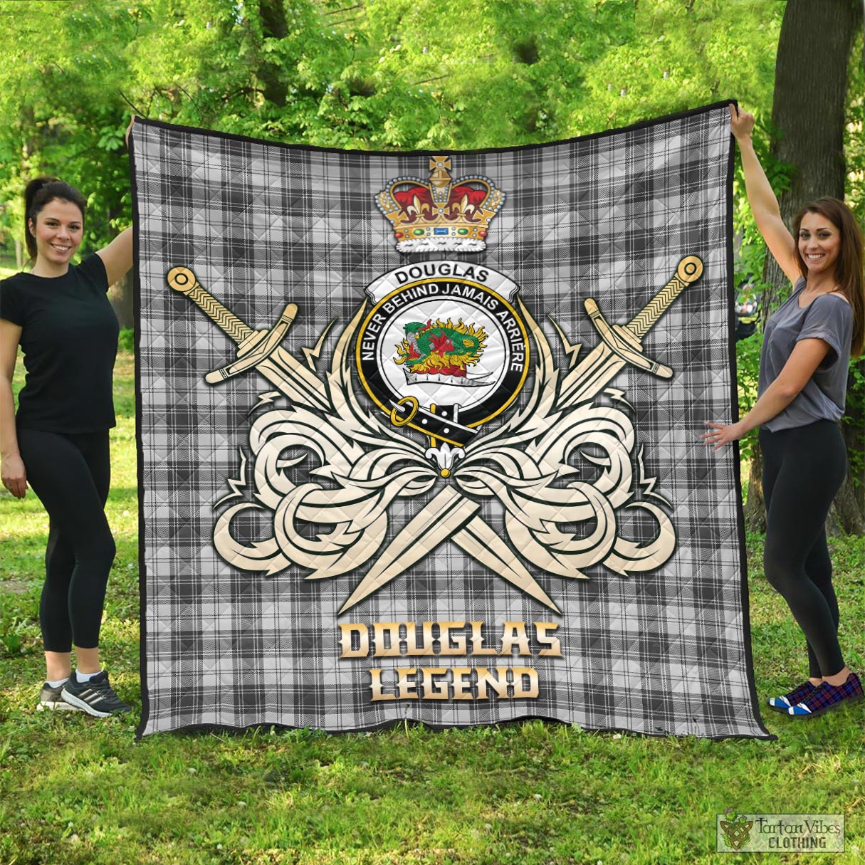 Tartan Vibes Clothing Douglas Grey Modern Tartan Quilt with Clan Crest and the Golden Sword of Courageous Legacy