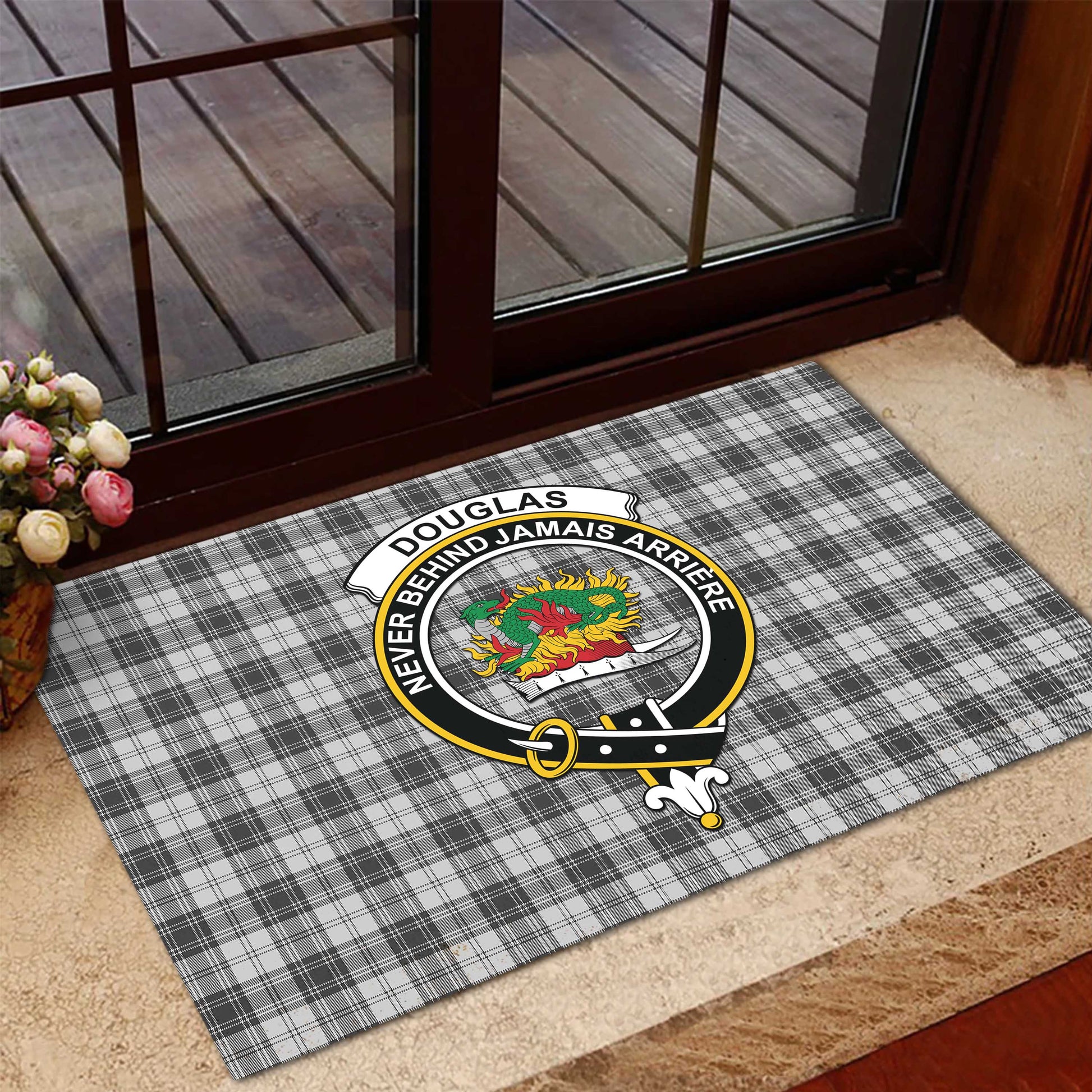 Douglas Grey Modern Tartan Door Mat with Family Crest - Tartanvibesclothing