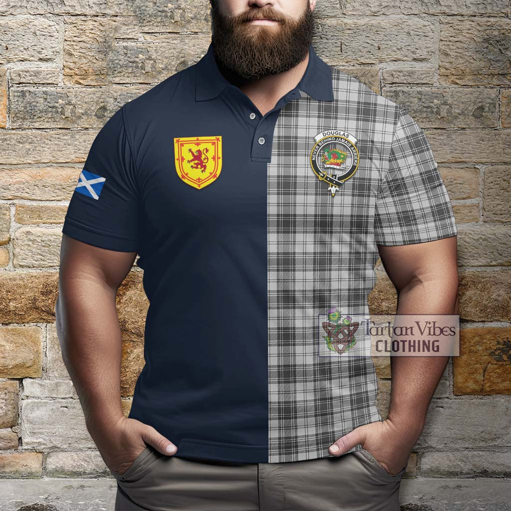 Tartan Vibes Clothing Douglas Grey Modern Tartan Polo Shirt with Scottish Lion Royal Arm Half Style