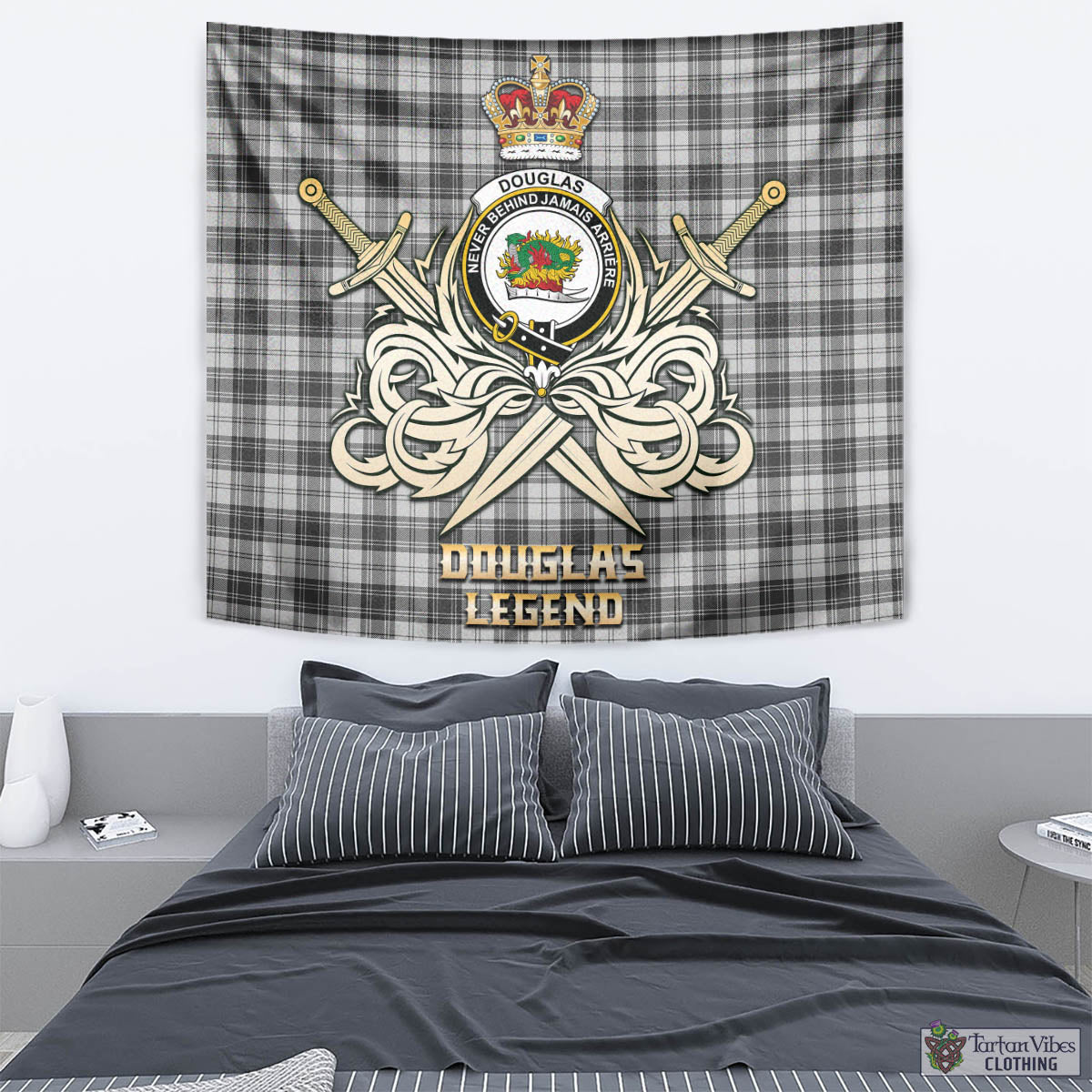 Tartan Vibes Clothing Douglas Grey Modern Tartan Tapestry with Clan Crest and the Golden Sword of Courageous Legacy