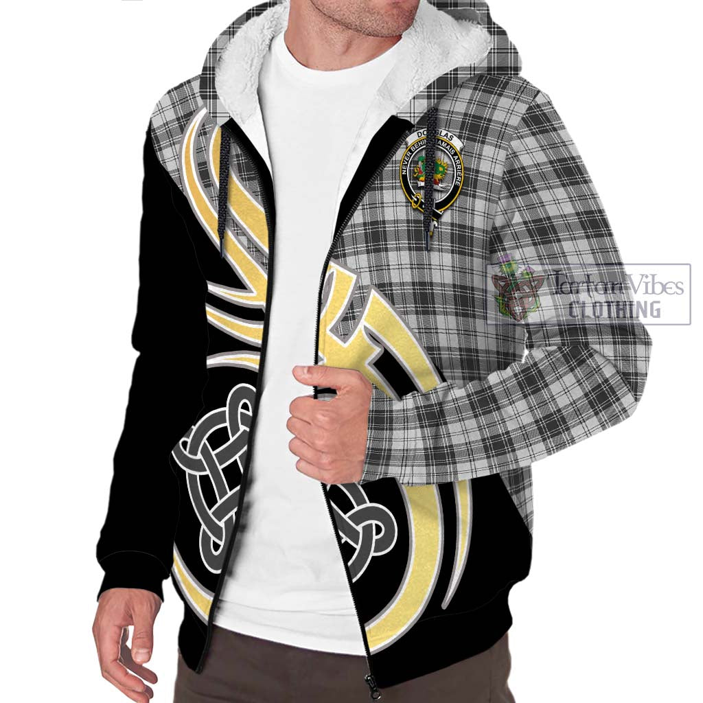 Douglas Grey Modern Tartan Sherpa Hoodie with Family Crest and Celtic Symbol Style - Tartan Vibes Clothing