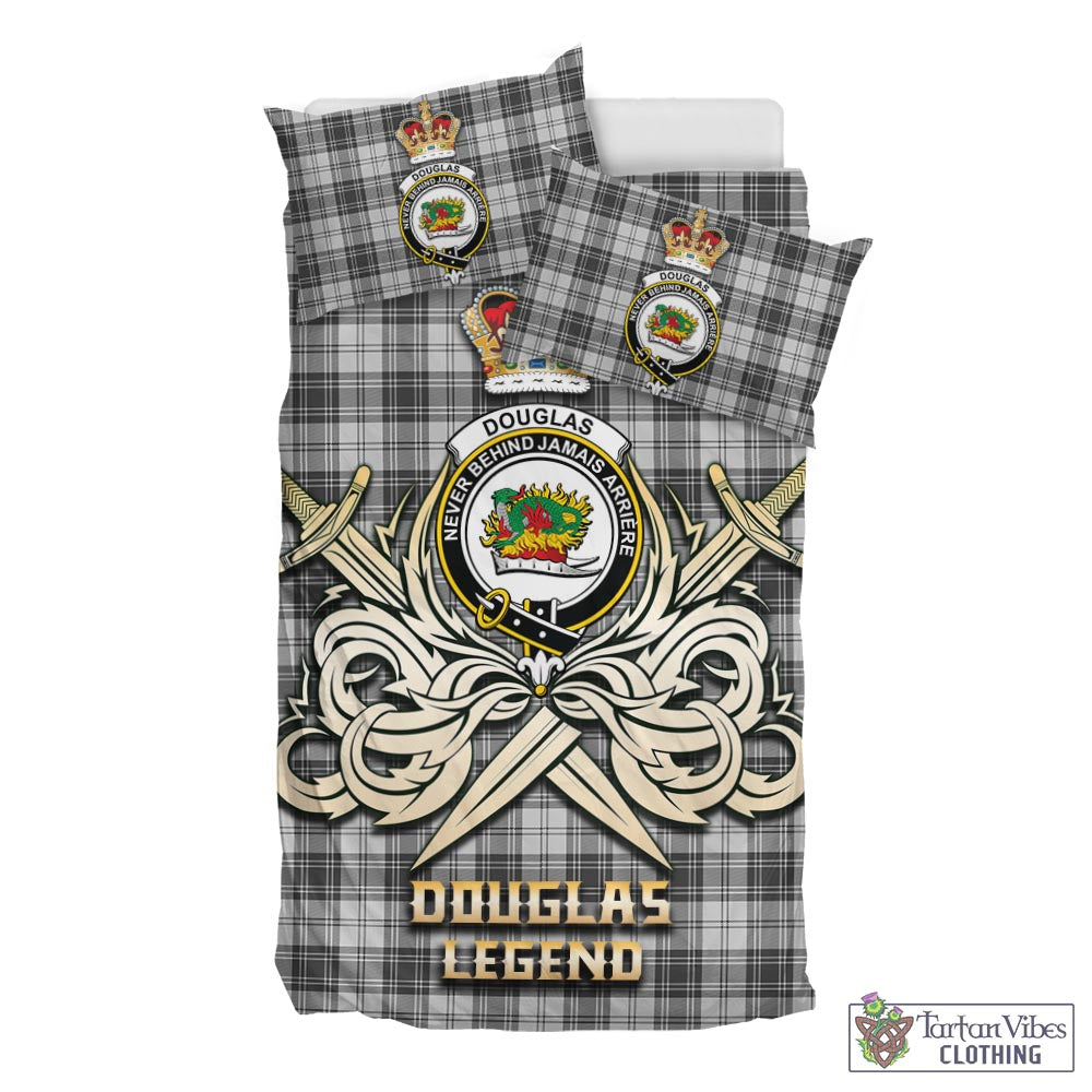 Tartan Vibes Clothing Douglas Grey Modern Tartan Bedding Set with Clan Crest and the Golden Sword of Courageous Legacy