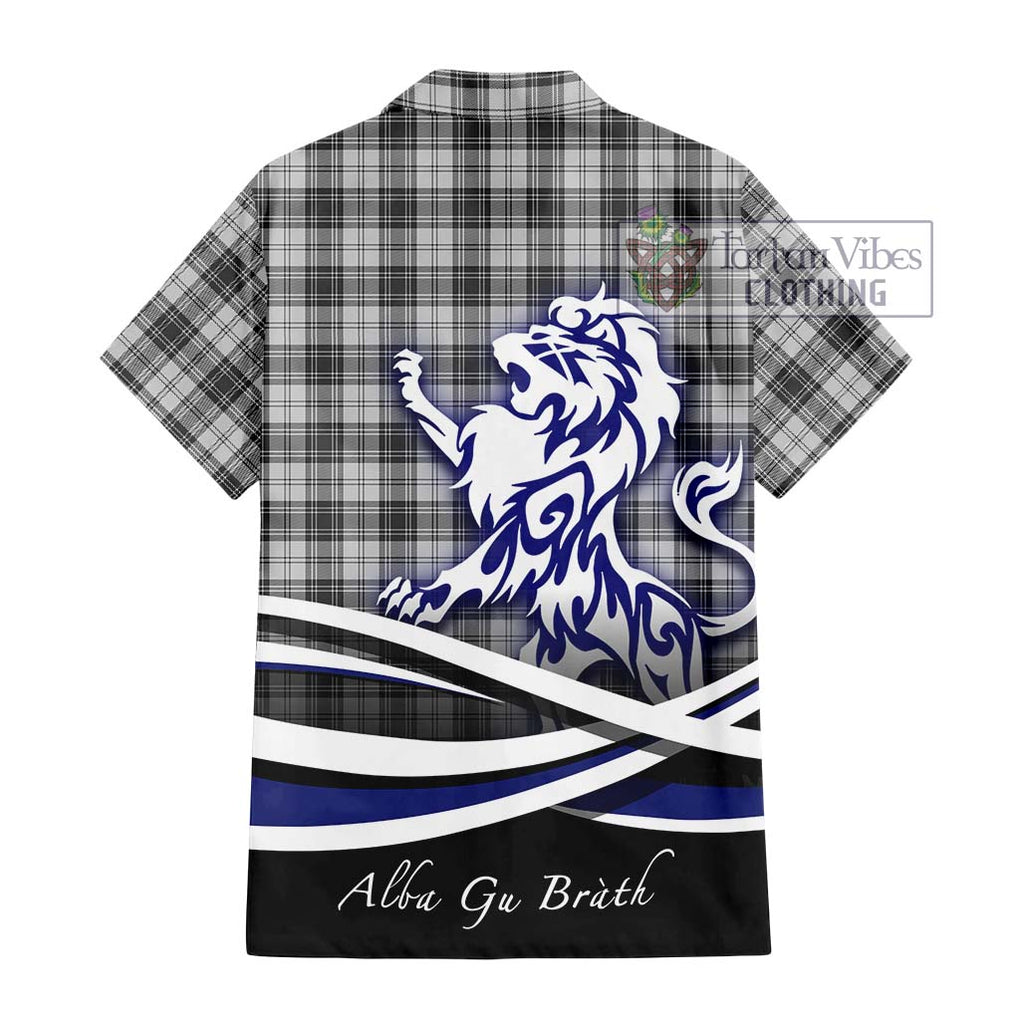 Douglas Grey Modern Tartan Short Sleeve Button Shirt with Alba Gu Brath Regal Lion Emblem - Tartanvibesclothing Shop