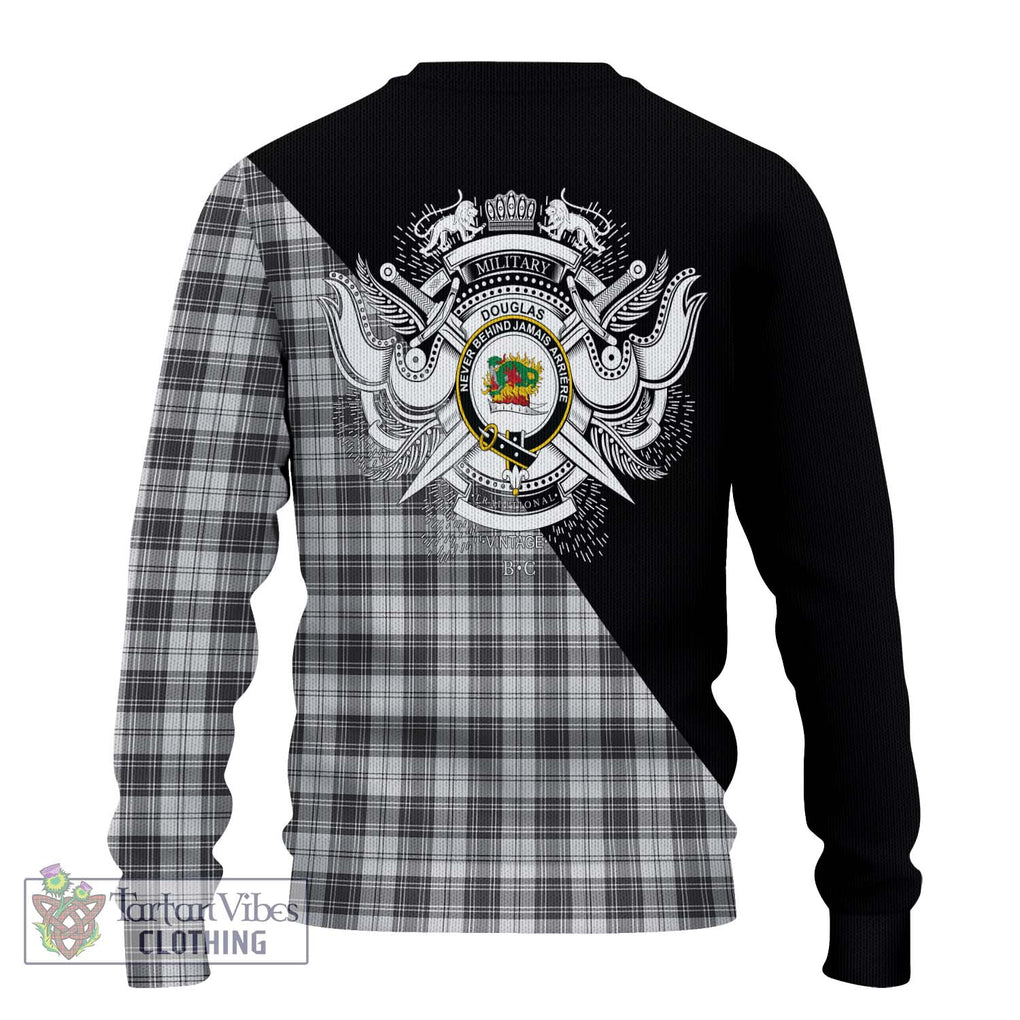 Douglas Grey Modern Tartan Knitted Sweater with Family Crest and Military Logo Style - Tartanvibesclothing Shop