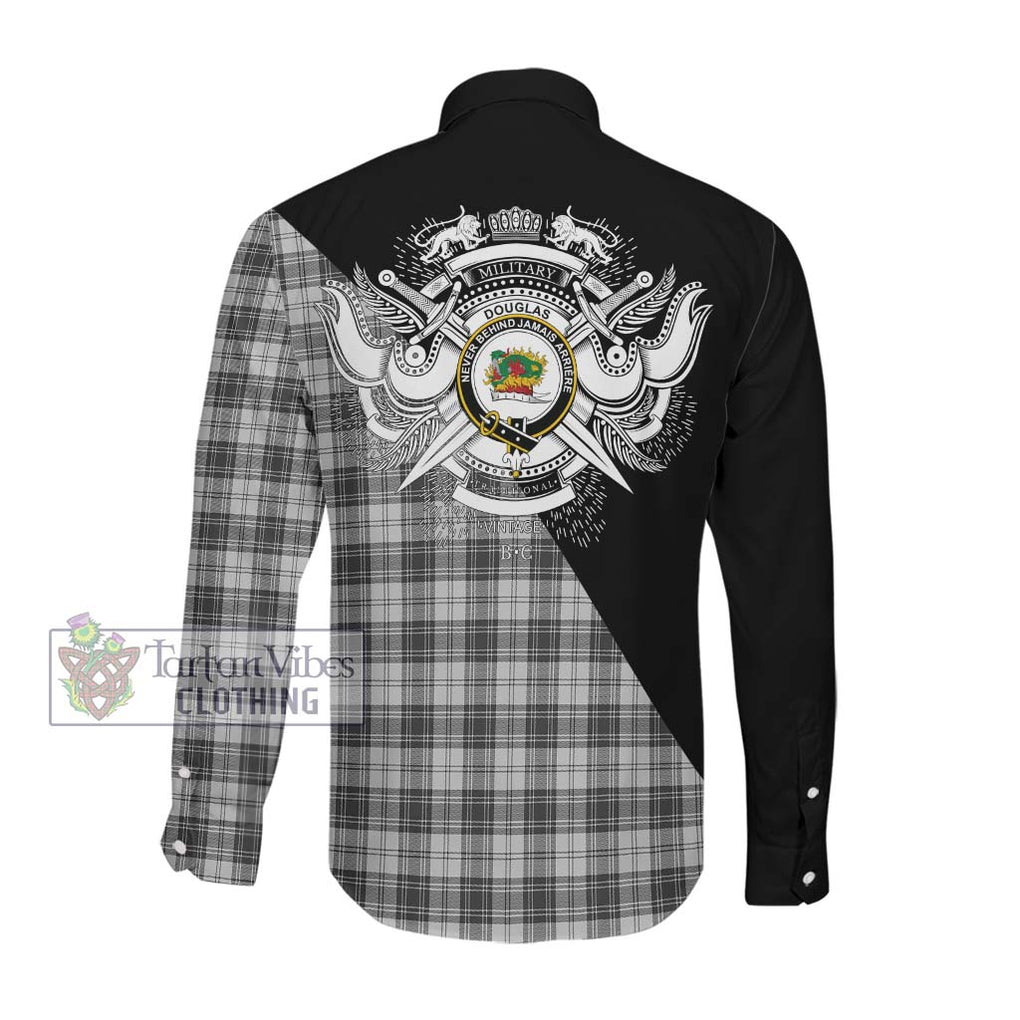 Douglas Grey Modern Tartan Long Sleeve Button Shirt with Family Crest and Military Logo Style Men's Shirt - Tartanvibesclothing Shop