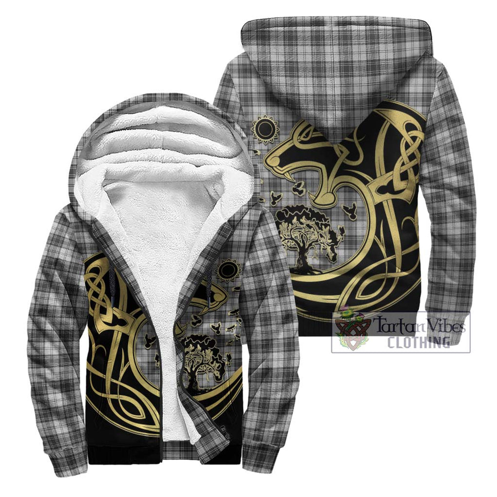 Douglas Grey Modern Tartan Sherpa Hoodie with Family Crest Celtic Wolf Style Unisex - Tartan Vibes Clothing