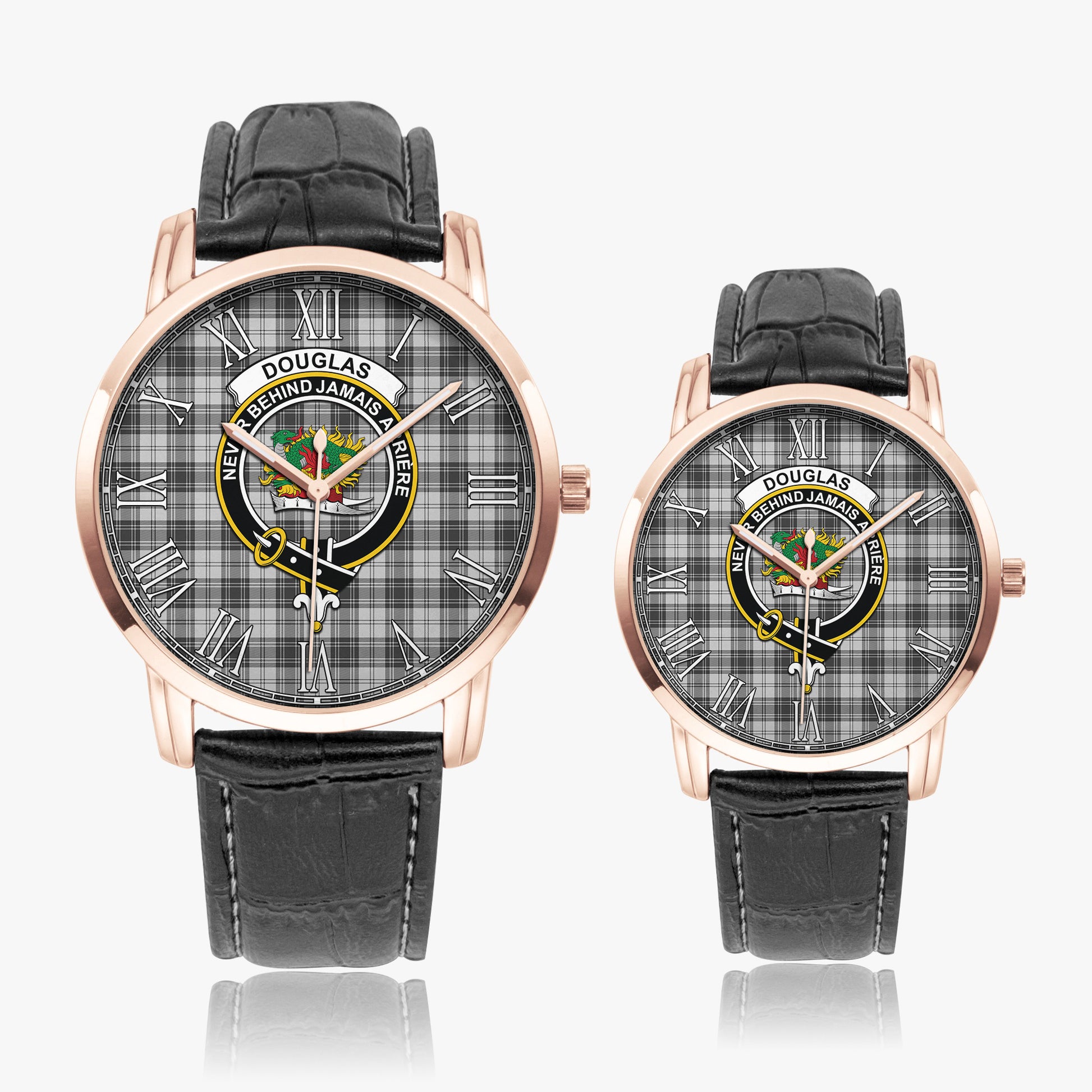 Douglas Grey Modern Tartan Family Crest Leather Strap Quartz Watch - Tartanvibesclothing