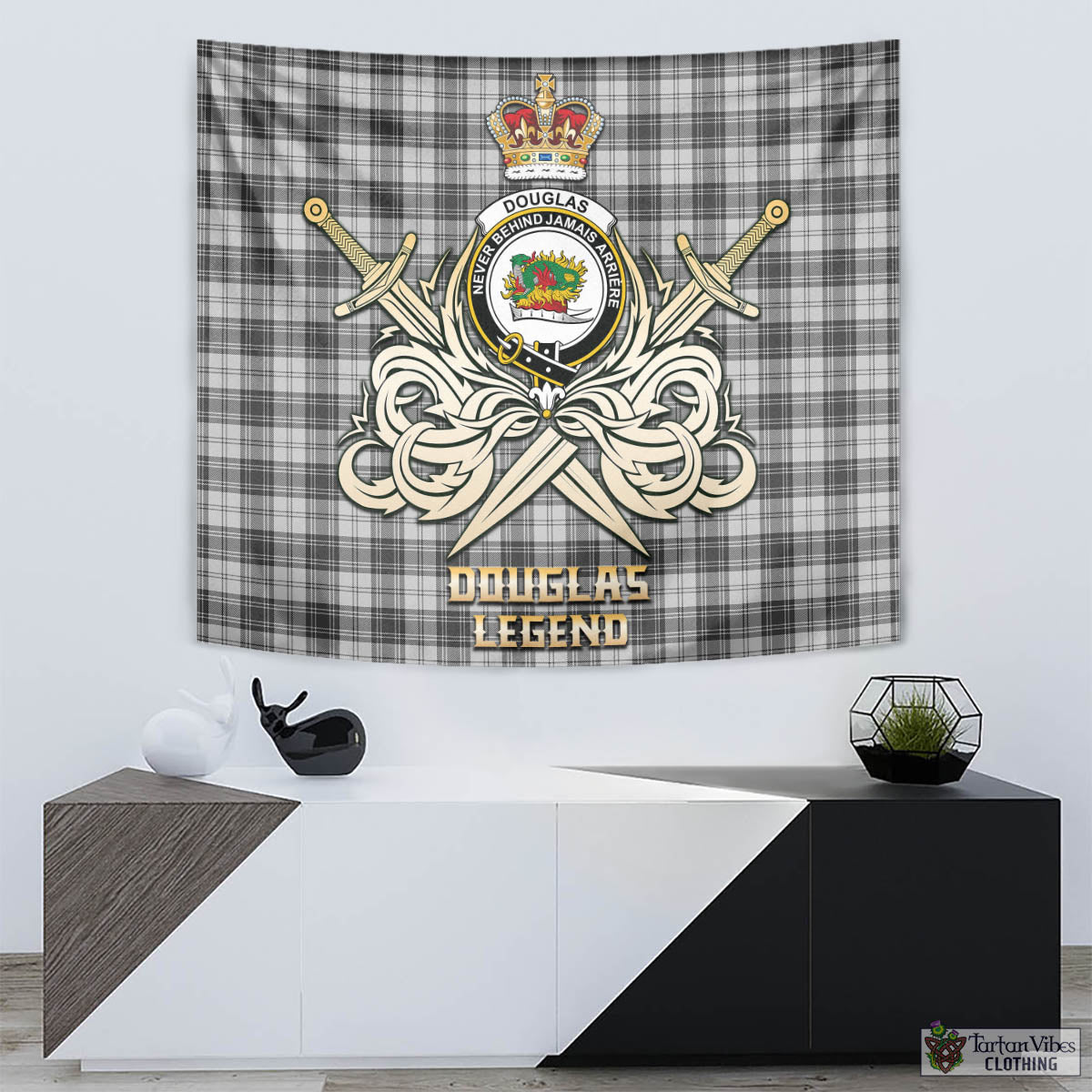 Tartan Vibes Clothing Douglas Grey Modern Tartan Tapestry with Clan Crest and the Golden Sword of Courageous Legacy