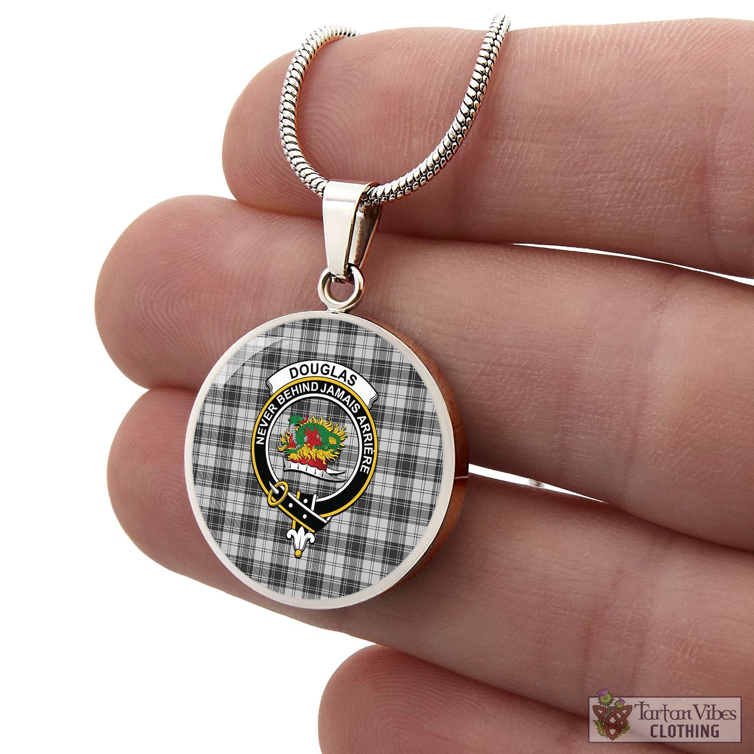 Tartan Vibes Clothing Douglas Grey Modern Tartan Circle Necklace with Family Crest