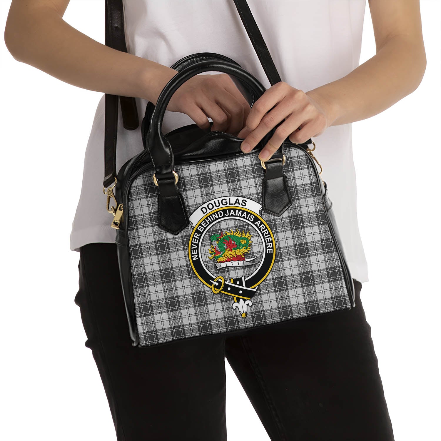 Douglas Grey Modern Tartan Shoulder Handbags with Family Crest - Tartanvibesclothing