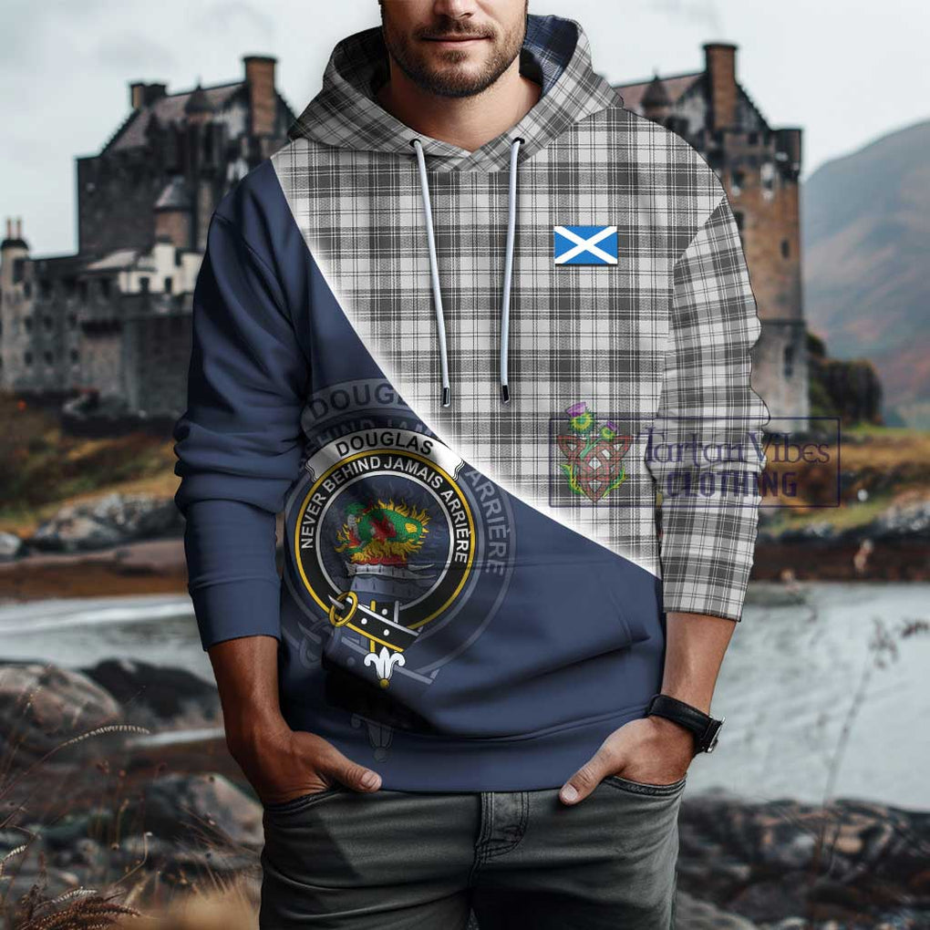 Douglas Grey Modern Tartan Hoodie with Personalised National Flag and Family Crest Half Style - Tartanvibesclothing Shop