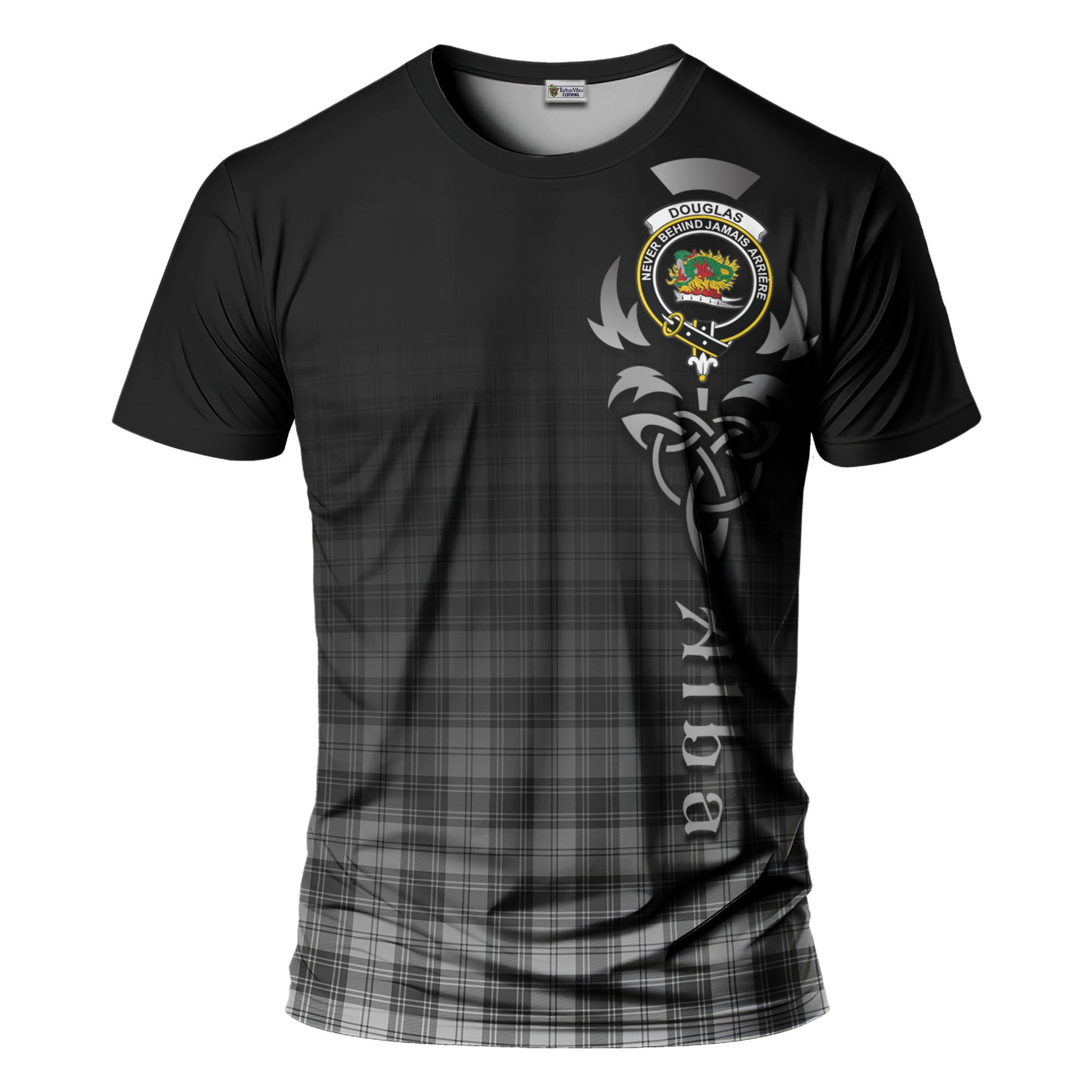 Tartan Vibes Clothing Douglas Grey Modern Tartan T-Shirt Featuring Alba Gu Brath Family Crest Celtic Inspired