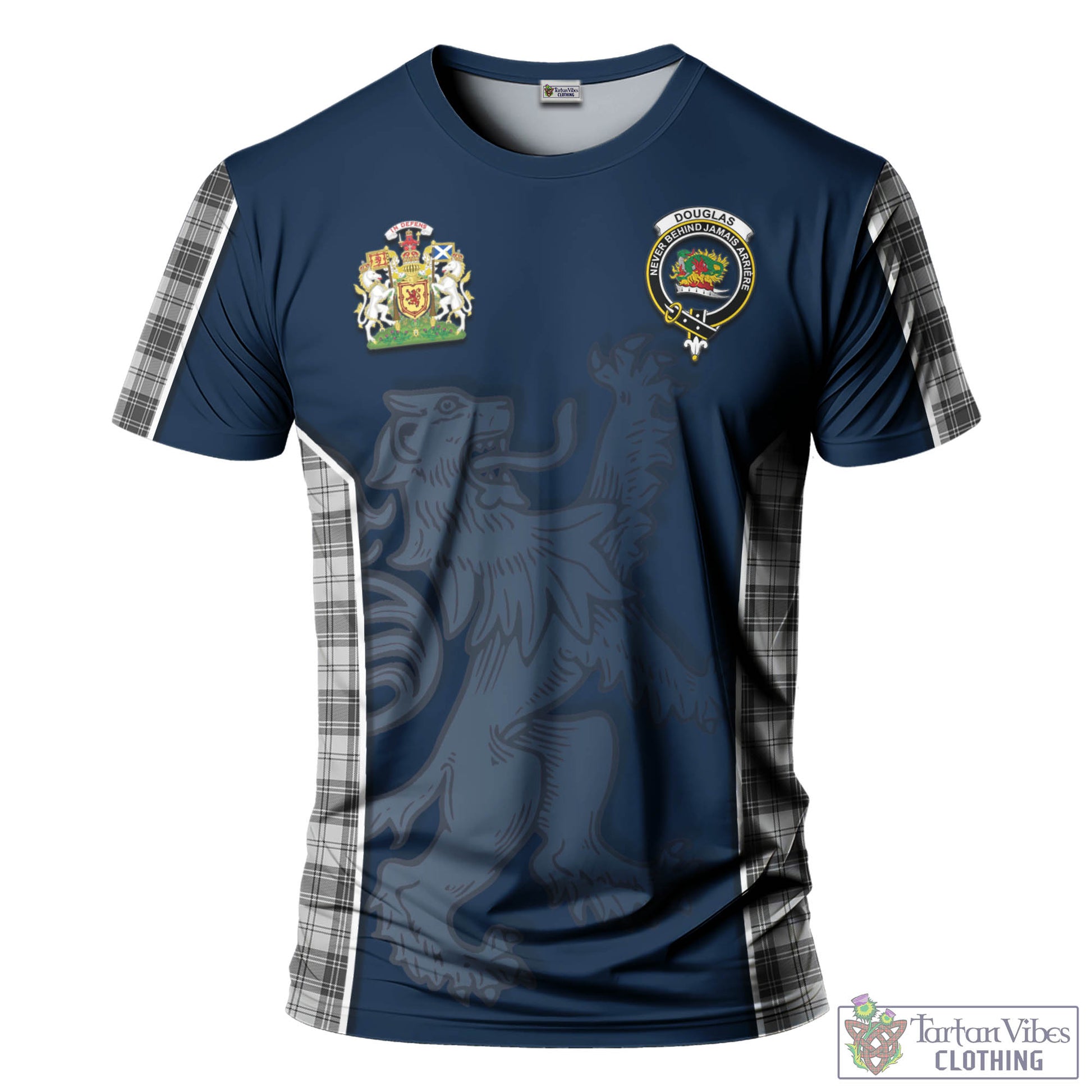 Tartan Vibes Clothing Douglas Grey Modern Tartan T-Shirt with Family Crest and Lion Rampant Vibes Sport Style