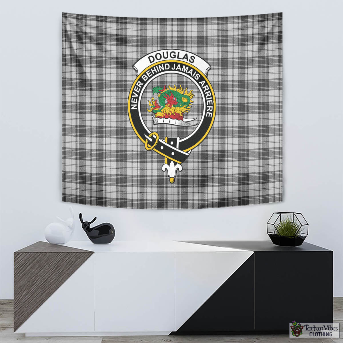 Tartan Vibes Clothing Douglas Grey Modern Tartan Tapestry Wall Hanging and Home Decor for Room with Family Crest