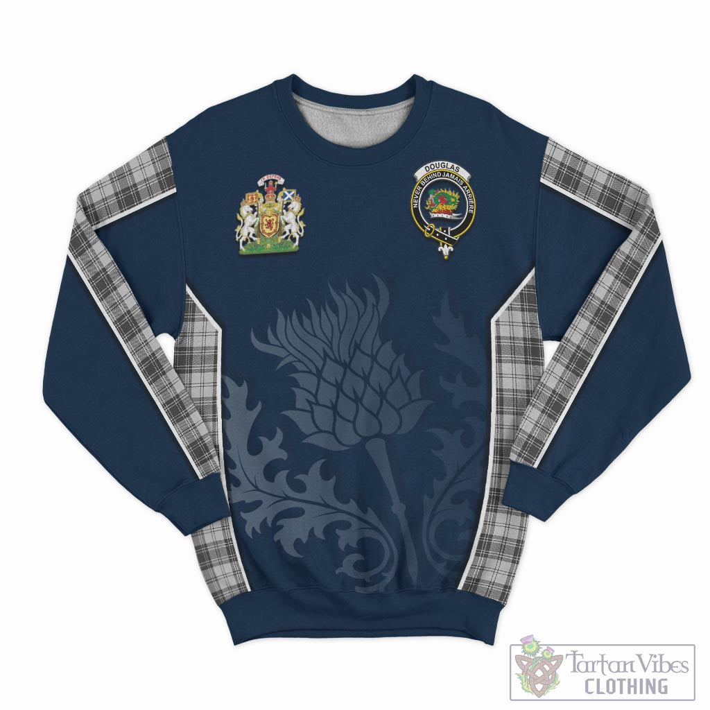 Tartan Vibes Clothing Douglas Grey Modern Tartan Sweatshirt with Family Crest and Scottish Thistle Vibes Sport Style