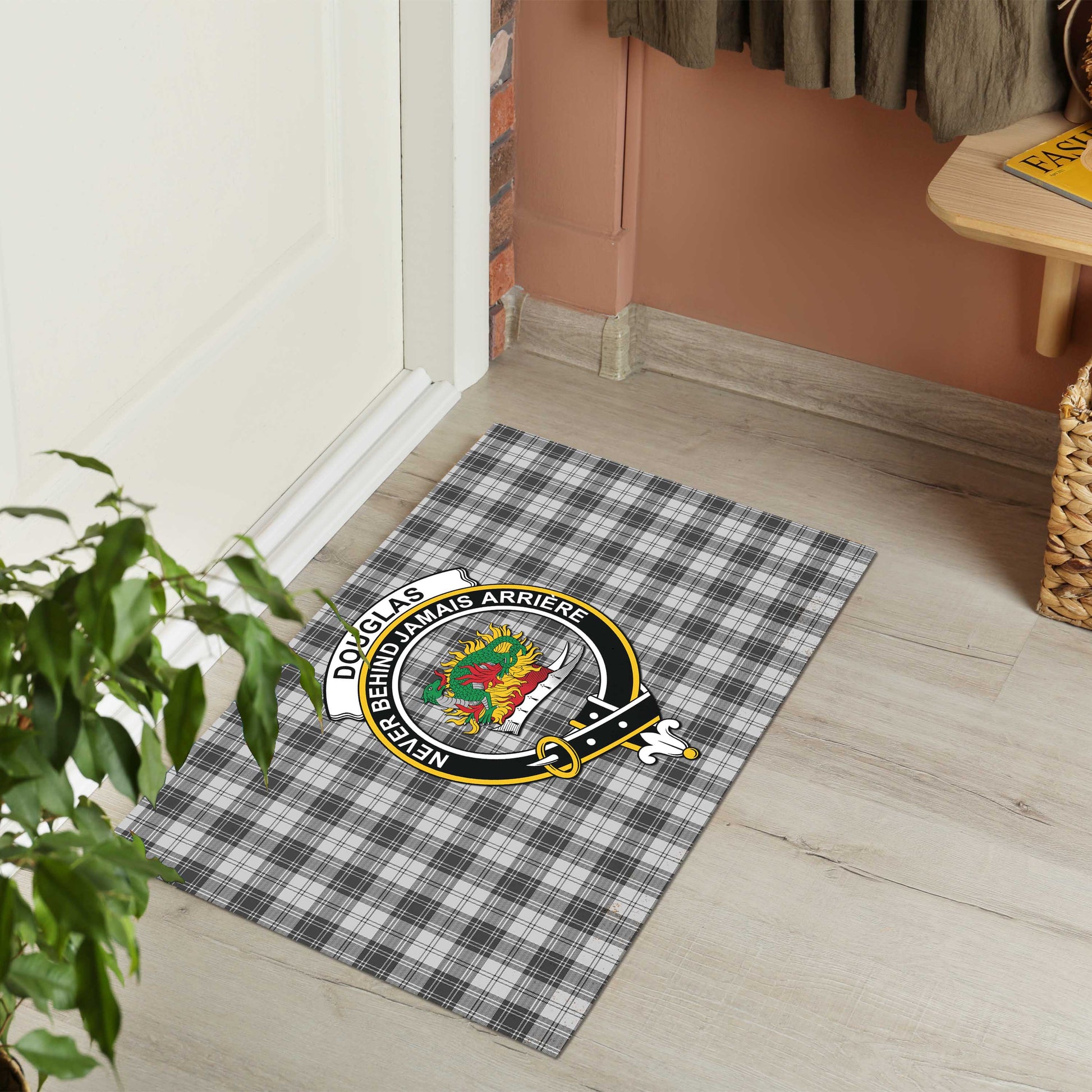 Douglas Grey Modern Tartan Door Mat with Family Crest - Tartanvibesclothing