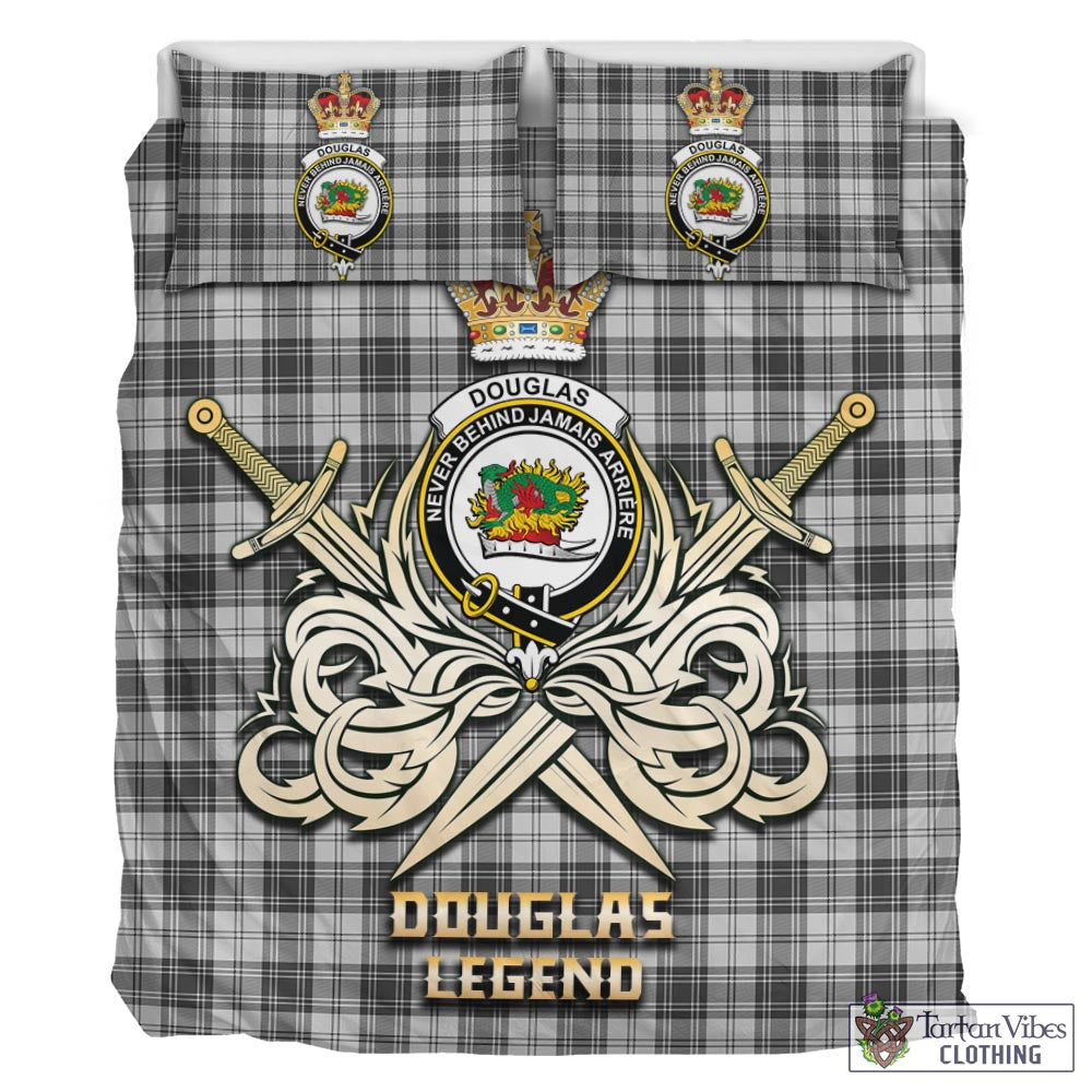 Tartan Vibes Clothing Douglas Grey Modern Tartan Bedding Set with Clan Crest and the Golden Sword of Courageous Legacy