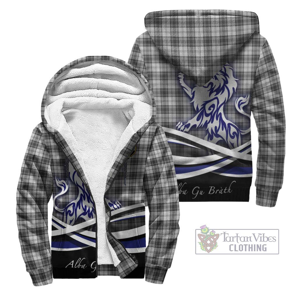 Douglas Grey Modern Tartan Sherpa Hoodie with Alba Gu Brath Regal Lion Emblem Unisex - Tartanvibesclothing Shop