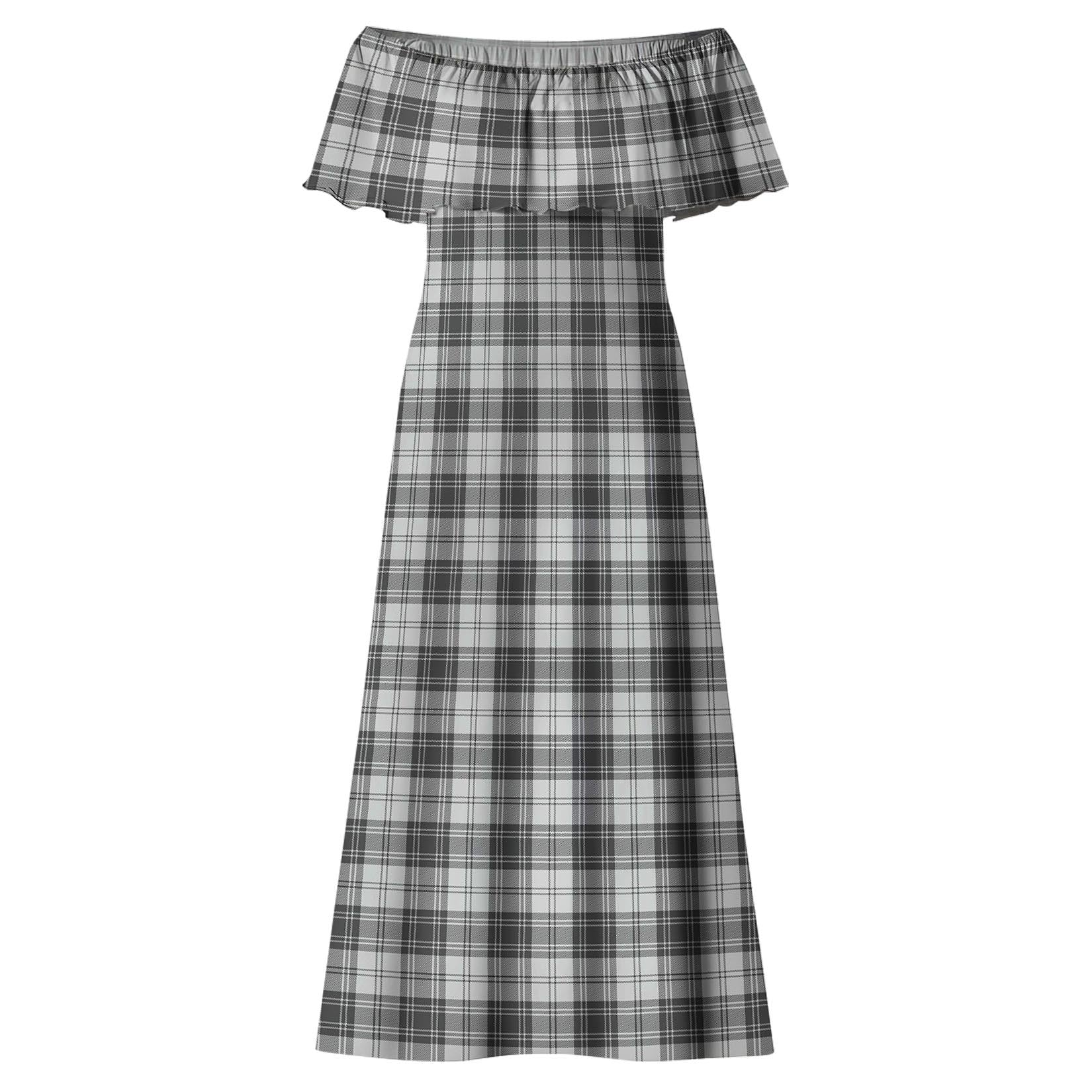 Douglas Grey Modern Tartan Off Shoulder Long Dress - Tartanvibesclothing