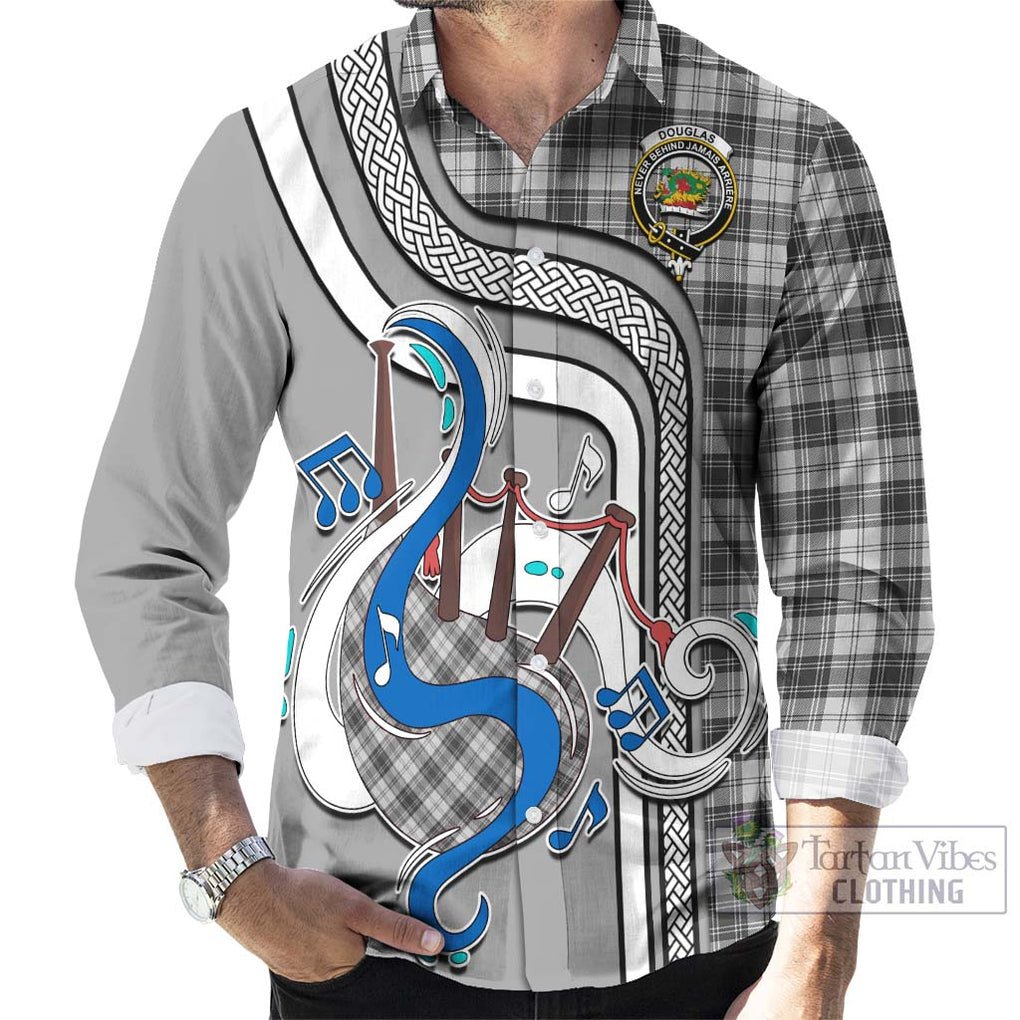 Douglas Grey Modern Tartan Long Sleeve Button Shirt with Epic Bagpipe Style - Tartanvibesclothing Shop