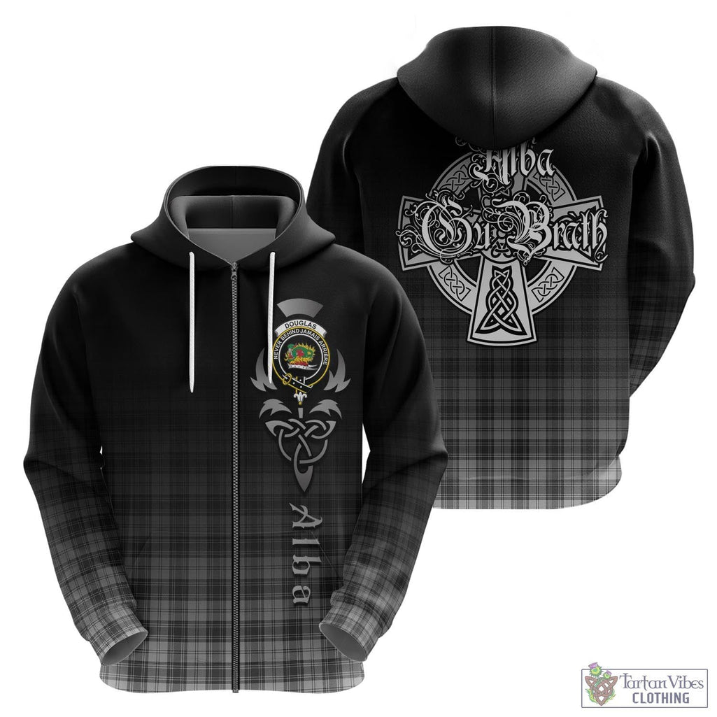 Tartan Vibes Clothing Douglas Grey Modern Tartan Hoodie Featuring Alba Gu Brath Family Crest Celtic Inspired