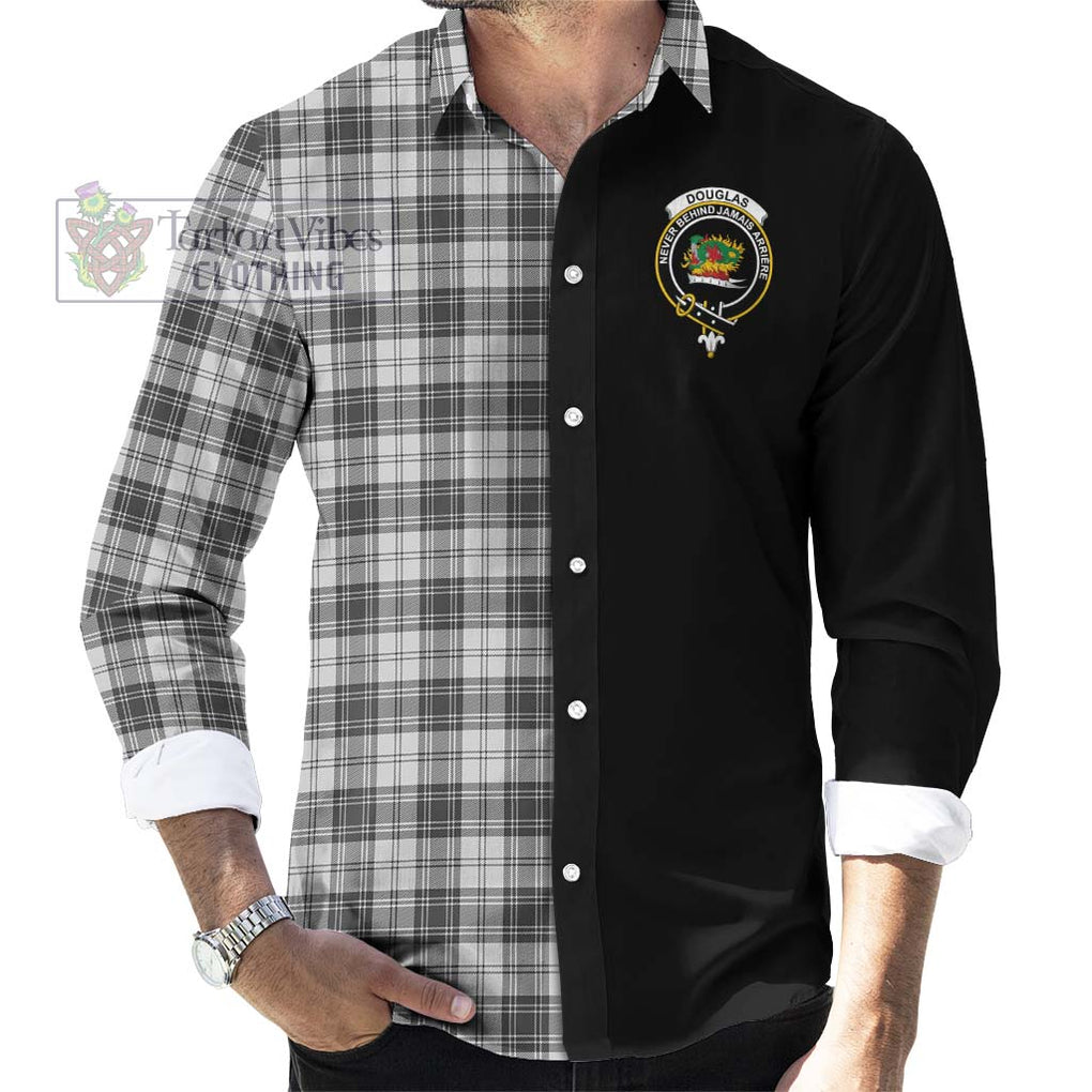 Douglas Grey Modern Tartan Long Sleeve Button Shirt with Family Crest and Half Of Me Style - Tartanvibesclothing Shop