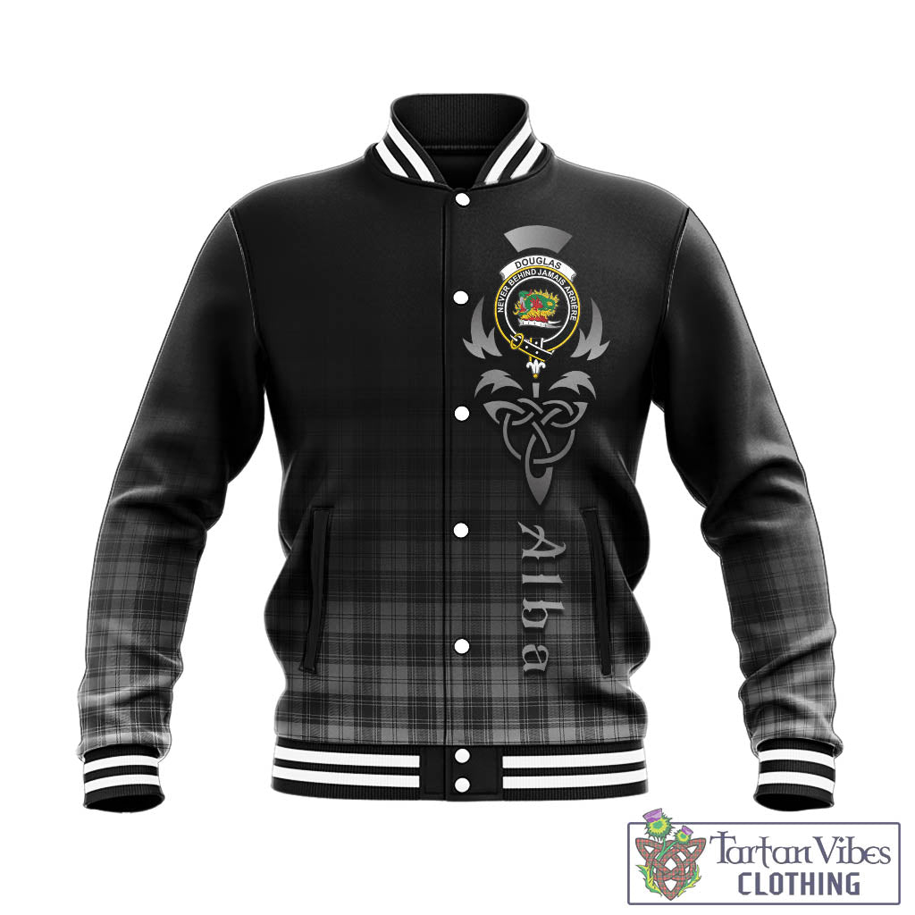 Tartan Vibes Clothing Douglas Grey Modern Tartan Baseball Jacket Featuring Alba Gu Brath Family Crest Celtic Inspired