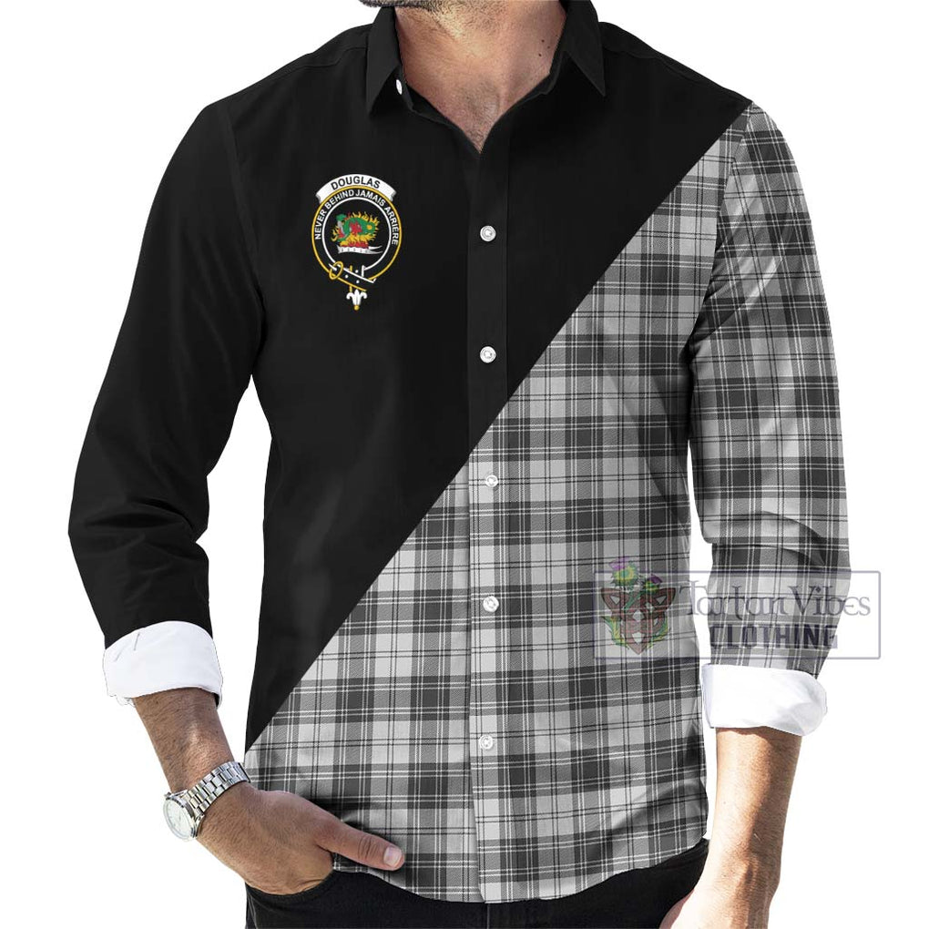 Douglas Grey Modern Tartan Long Sleeve Button Shirt with Family Crest and Military Logo Style - Tartanvibesclothing Shop