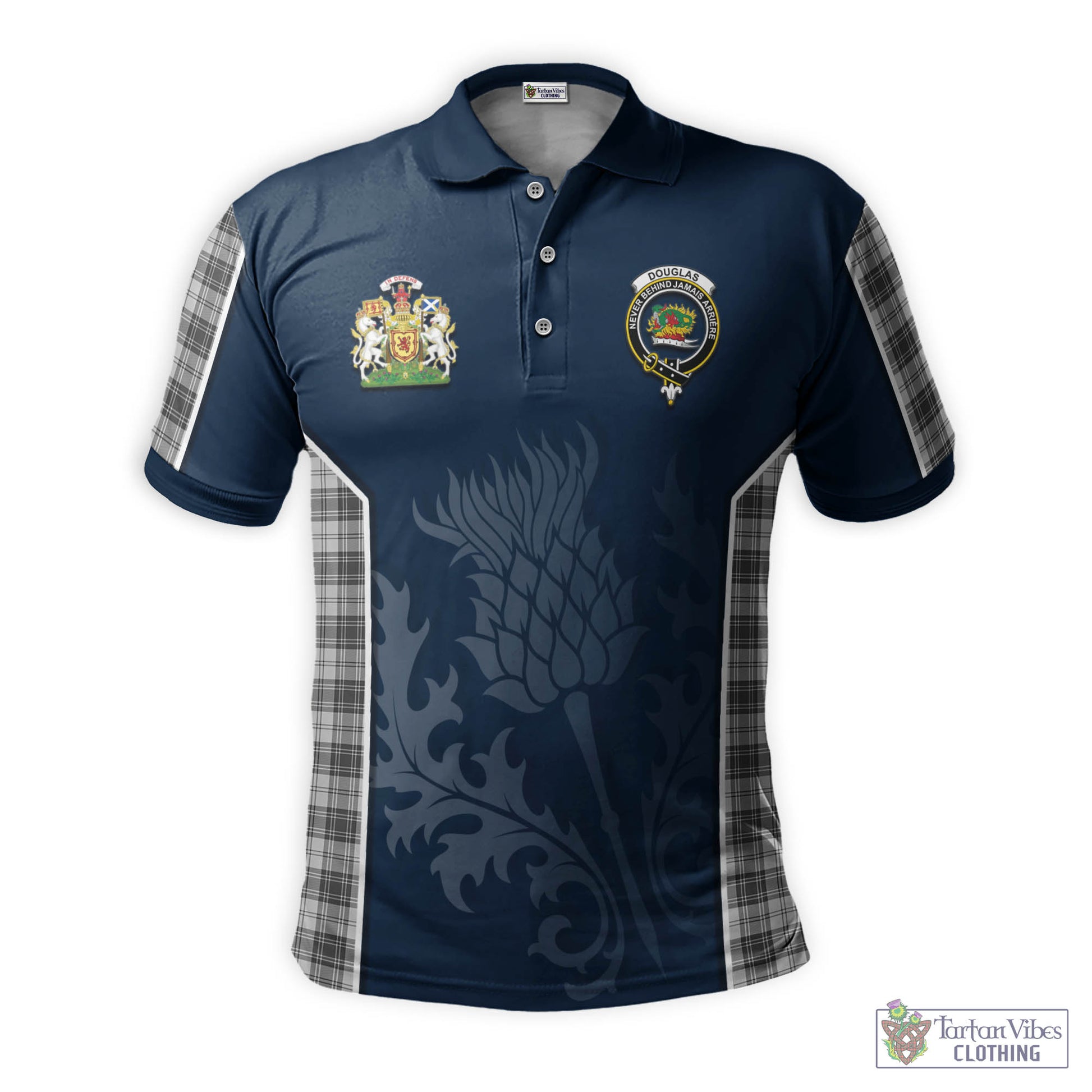 Tartan Vibes Clothing Douglas Grey Modern Tartan Men's Polo Shirt with Family Crest and Scottish Thistle Vibes Sport Style