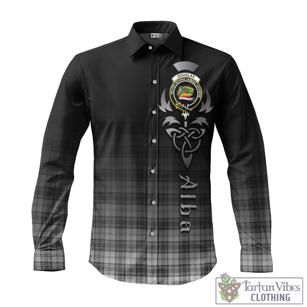 Tartan Vibes Clothing Douglas Grey Modern Tartan Long Sleeve Button Up Featuring Alba Gu Brath Family Crest Celtic Inspired