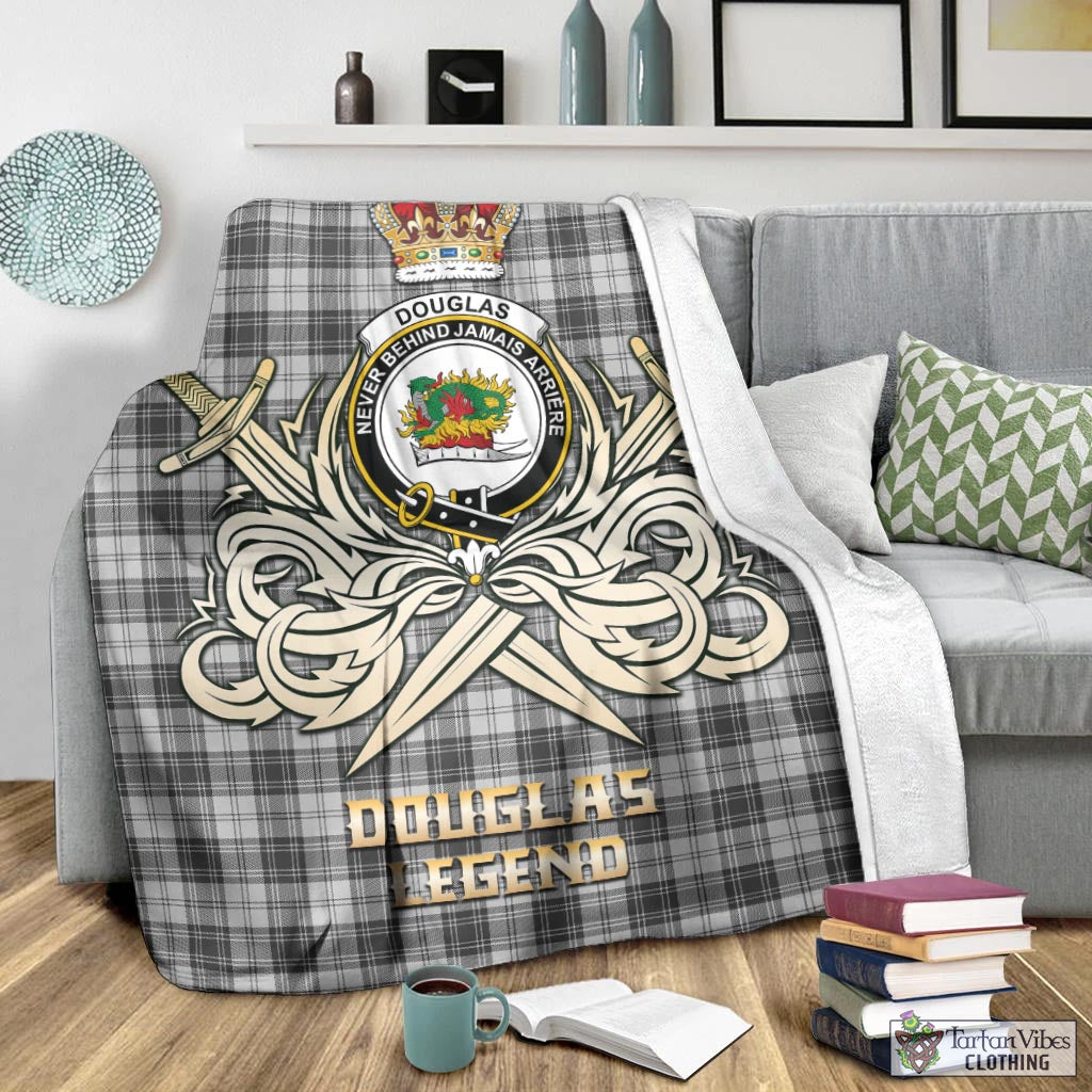 Tartan Vibes Clothing Douglas Grey Modern Tartan Blanket with Clan Crest and the Golden Sword of Courageous Legacy