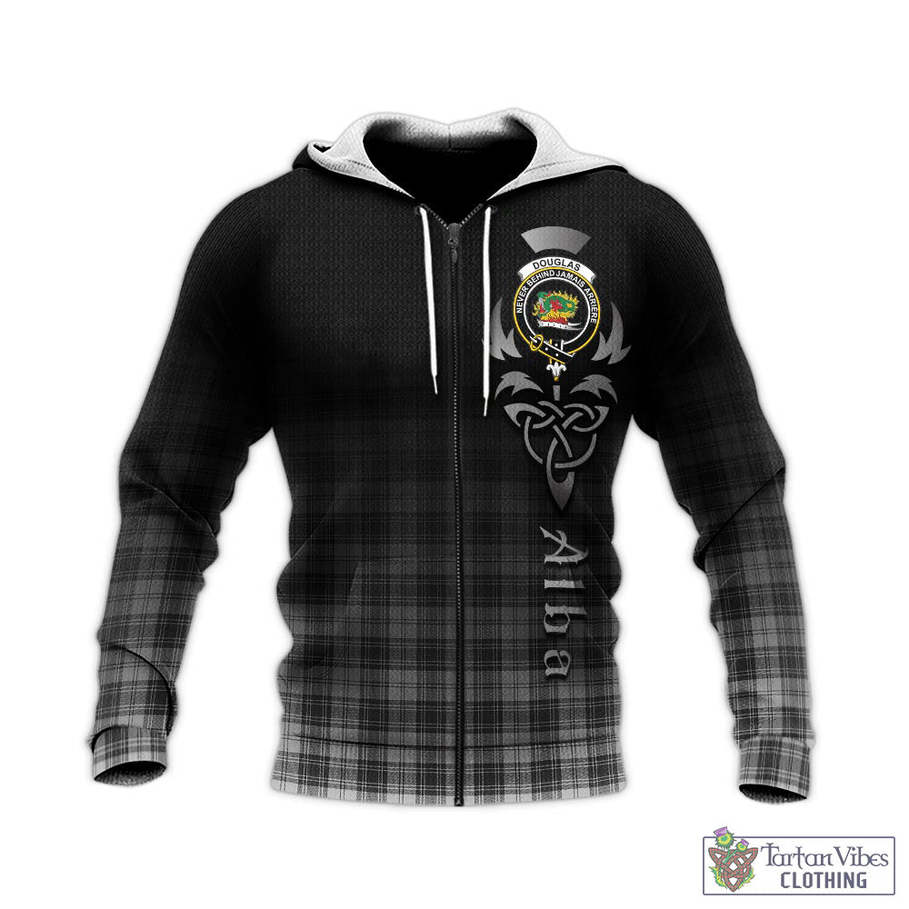 Tartan Vibes Clothing Douglas Grey Modern Tartan Knitted Hoodie Featuring Alba Gu Brath Family Crest Celtic Inspired