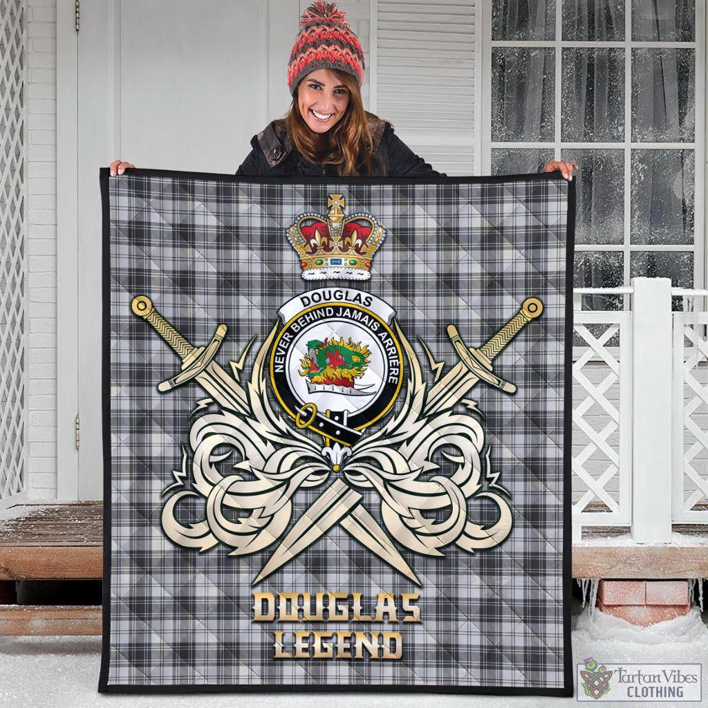 Tartan Vibes Clothing Douglas Grey Modern Tartan Quilt with Clan Crest and the Golden Sword of Courageous Legacy