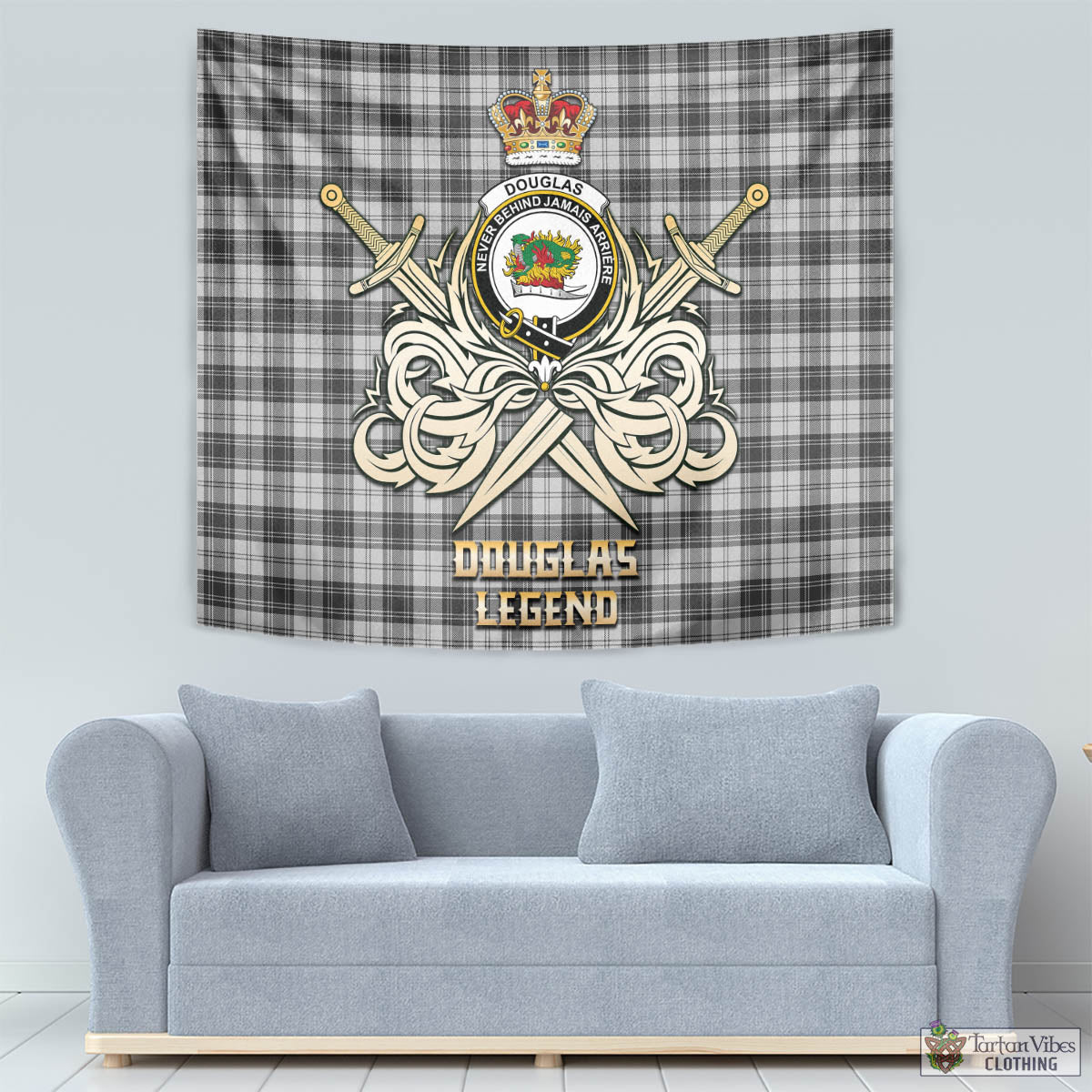 Tartan Vibes Clothing Douglas Grey Modern Tartan Tapestry with Clan Crest and the Golden Sword of Courageous Legacy