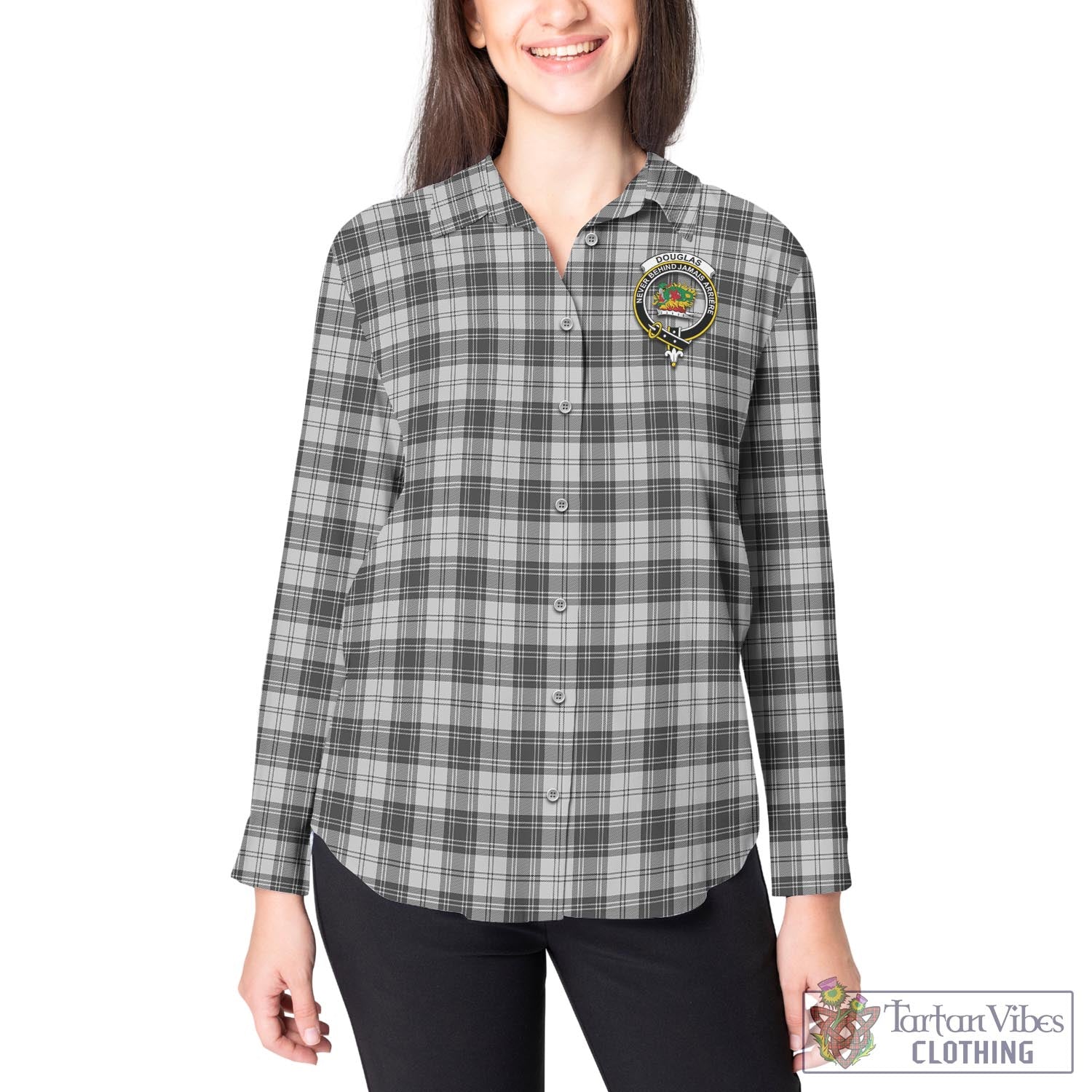 Tartan Vibes Clothing Douglas Grey Modern Tartan Womens Casual Shirt with Family Crest